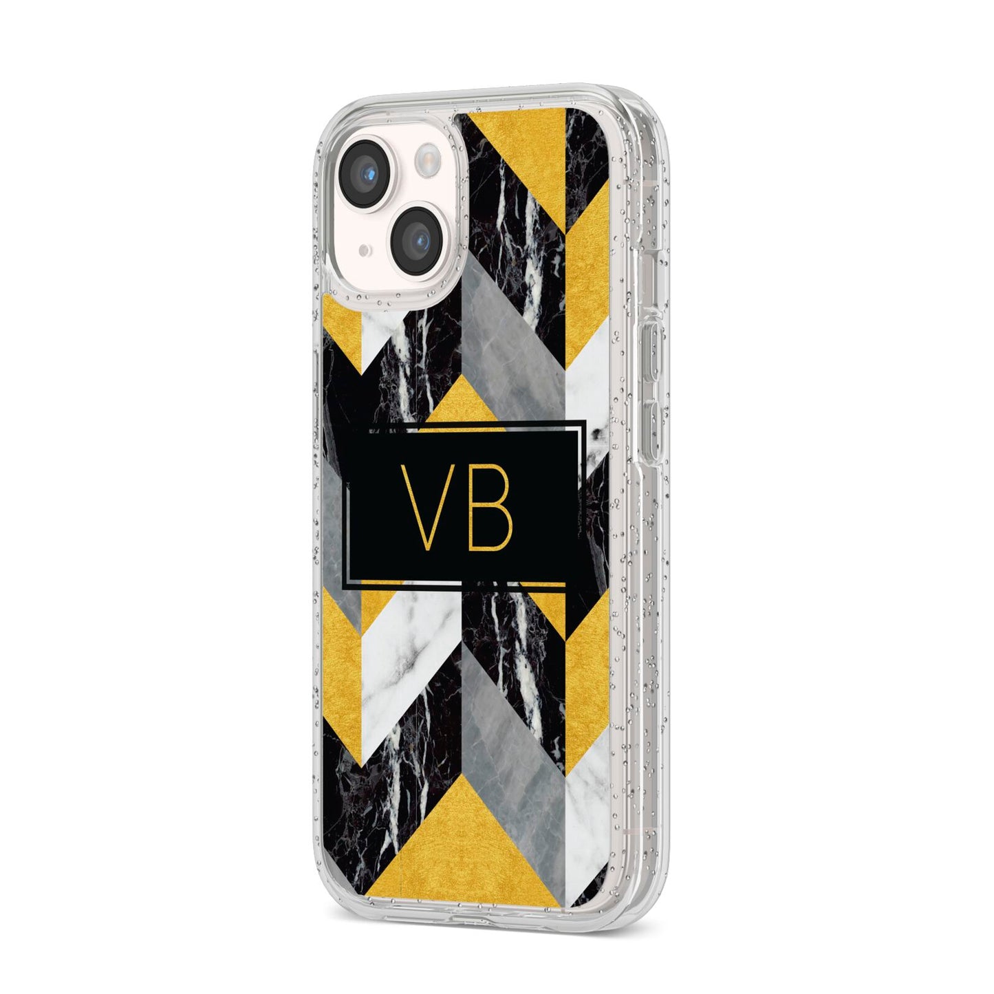 Personalised Marble Effect Initials iPhone 14 Glitter Tough Case Starlight Angled Image