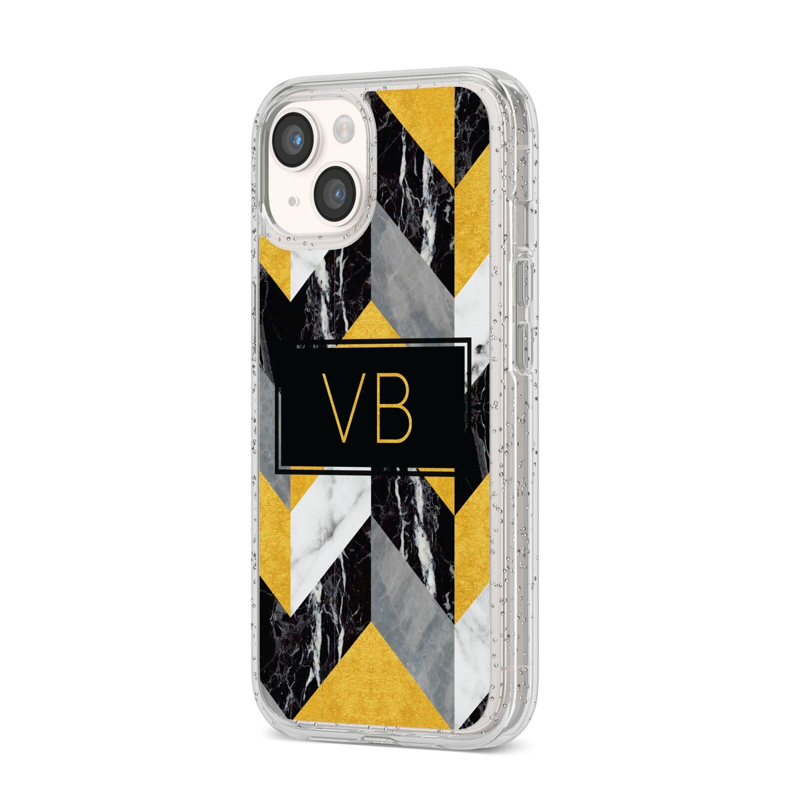 Personalised Marble Effect Initials iPhone 14 Glitter Tough Case Starlight Angled Image