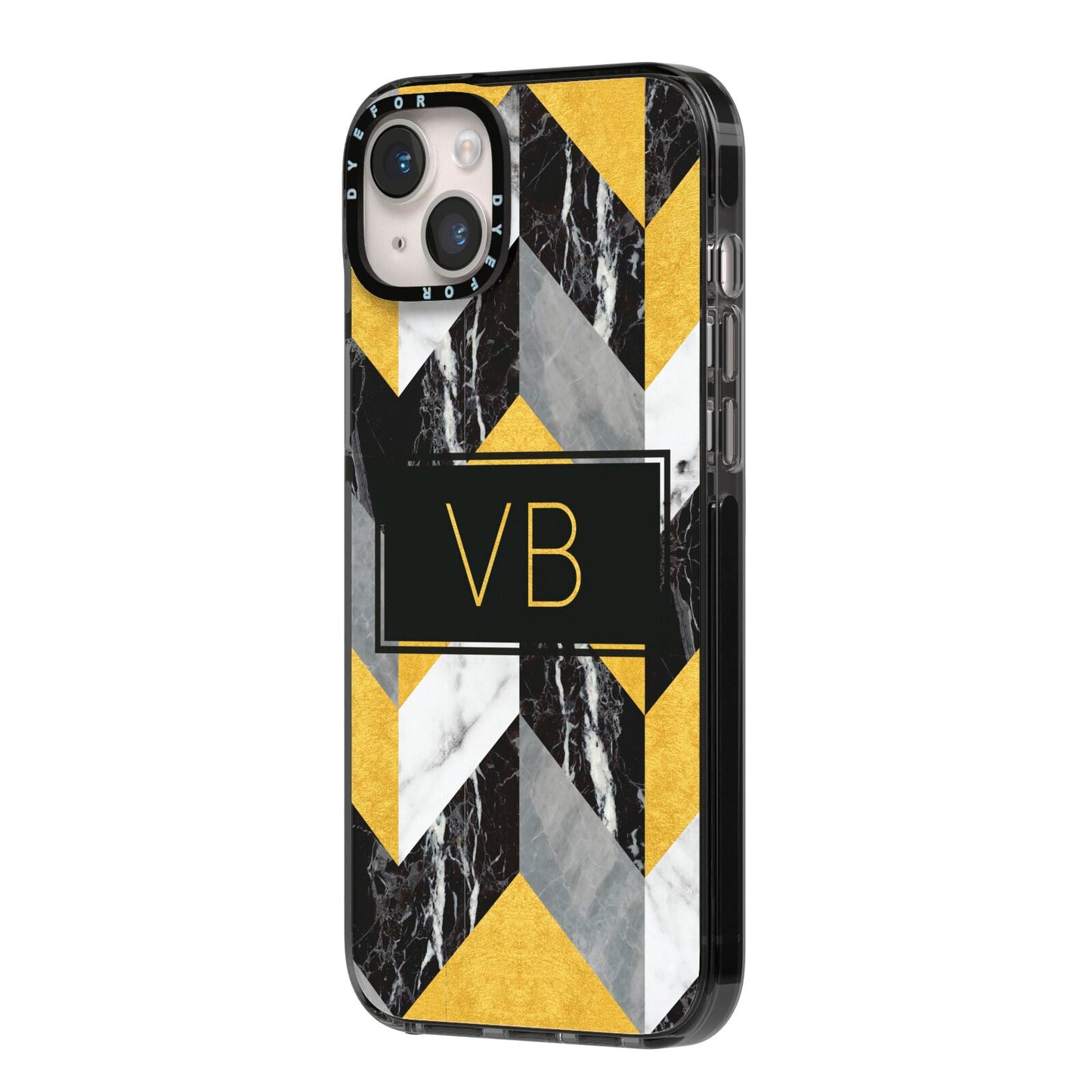 Personalised Marble Effect Initials iPhone 14 Plus Black Impact Case Side Angle on Silver phone