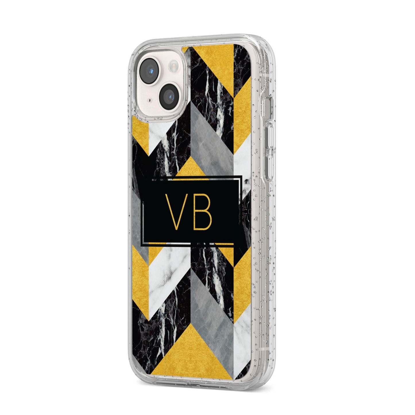 Personalised Marble Effect Initials iPhone 14 Plus Glitter Tough Case Starlight Angled Image