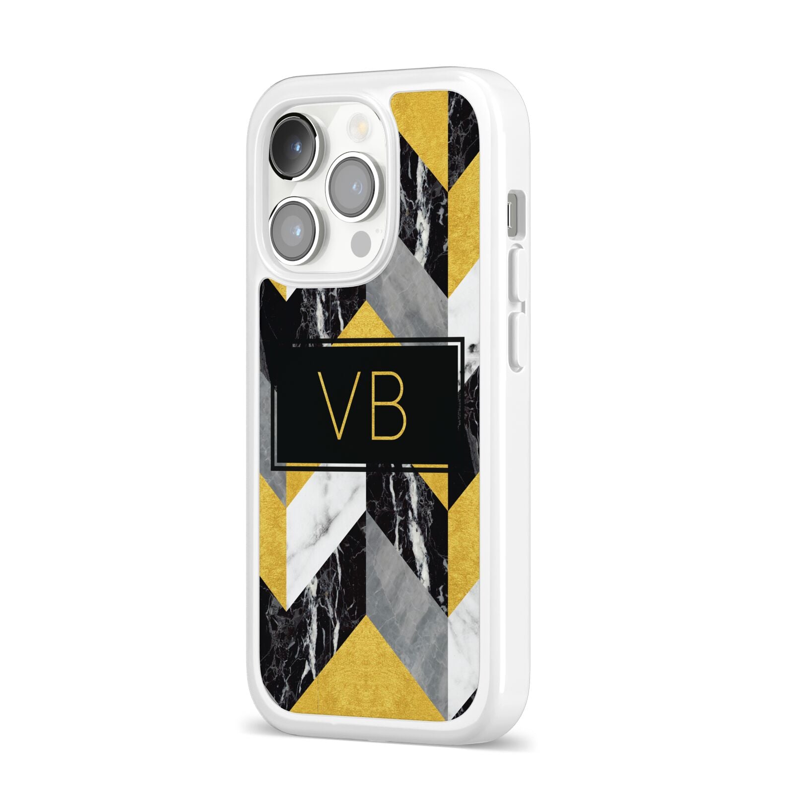 Personalised Marble Effect Initials iPhone 14 Pro Clear Tough Case Silver Angled Image