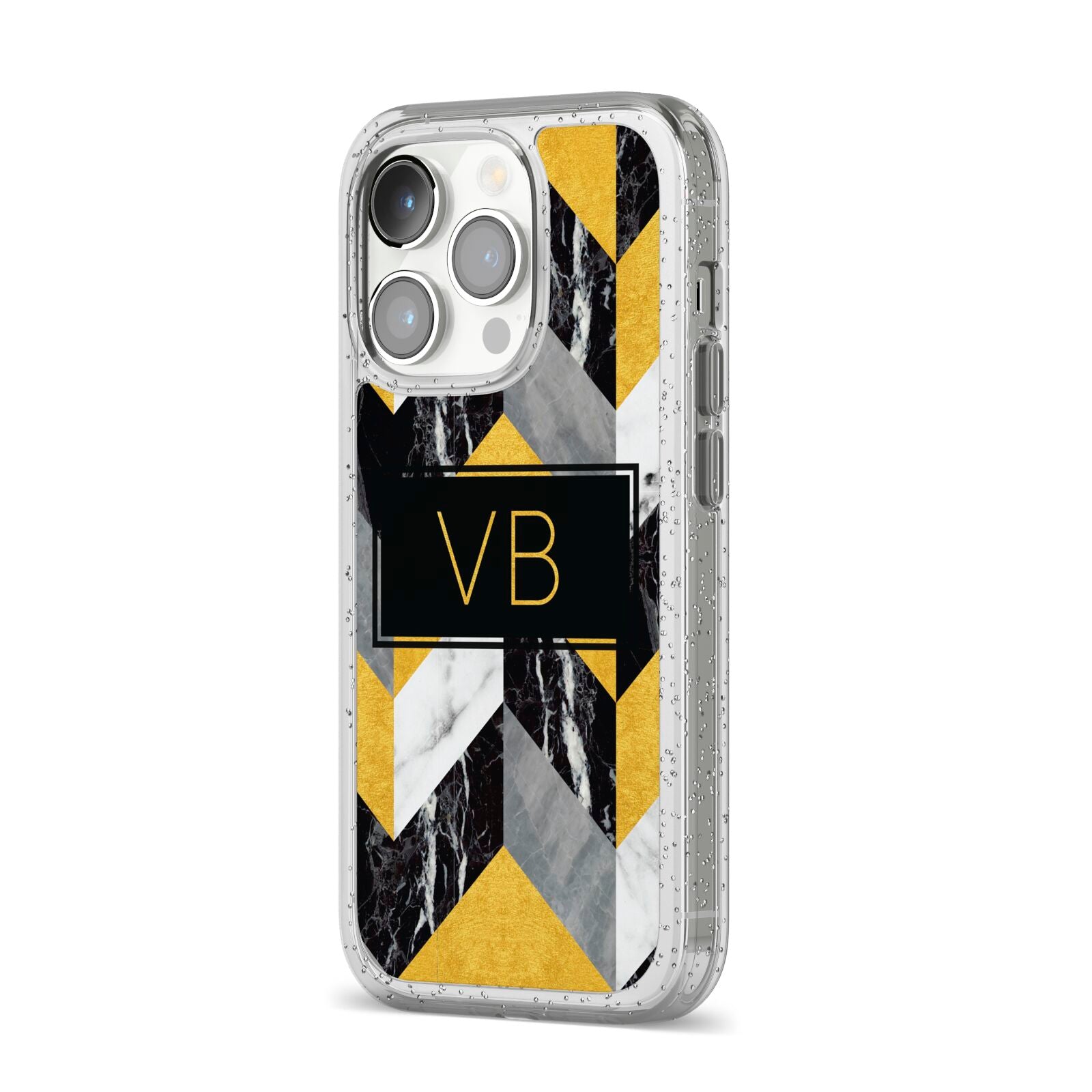 Personalised Marble Effect Initials iPhone 14 Pro Glitter Tough Case Silver Angled Image