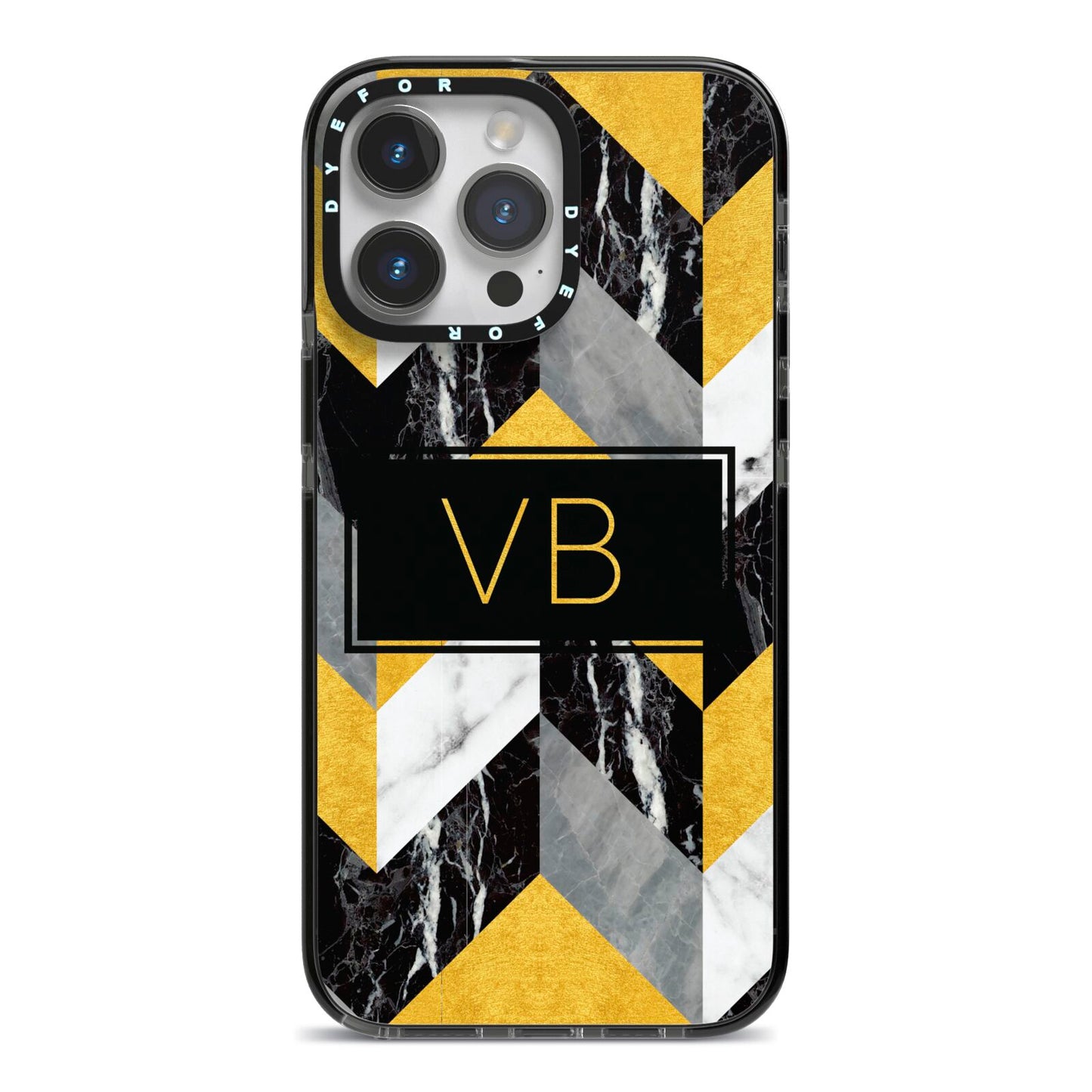 Personalised Marble Effect Initials iPhone 14 Pro Max Black Impact Case on Silver phone