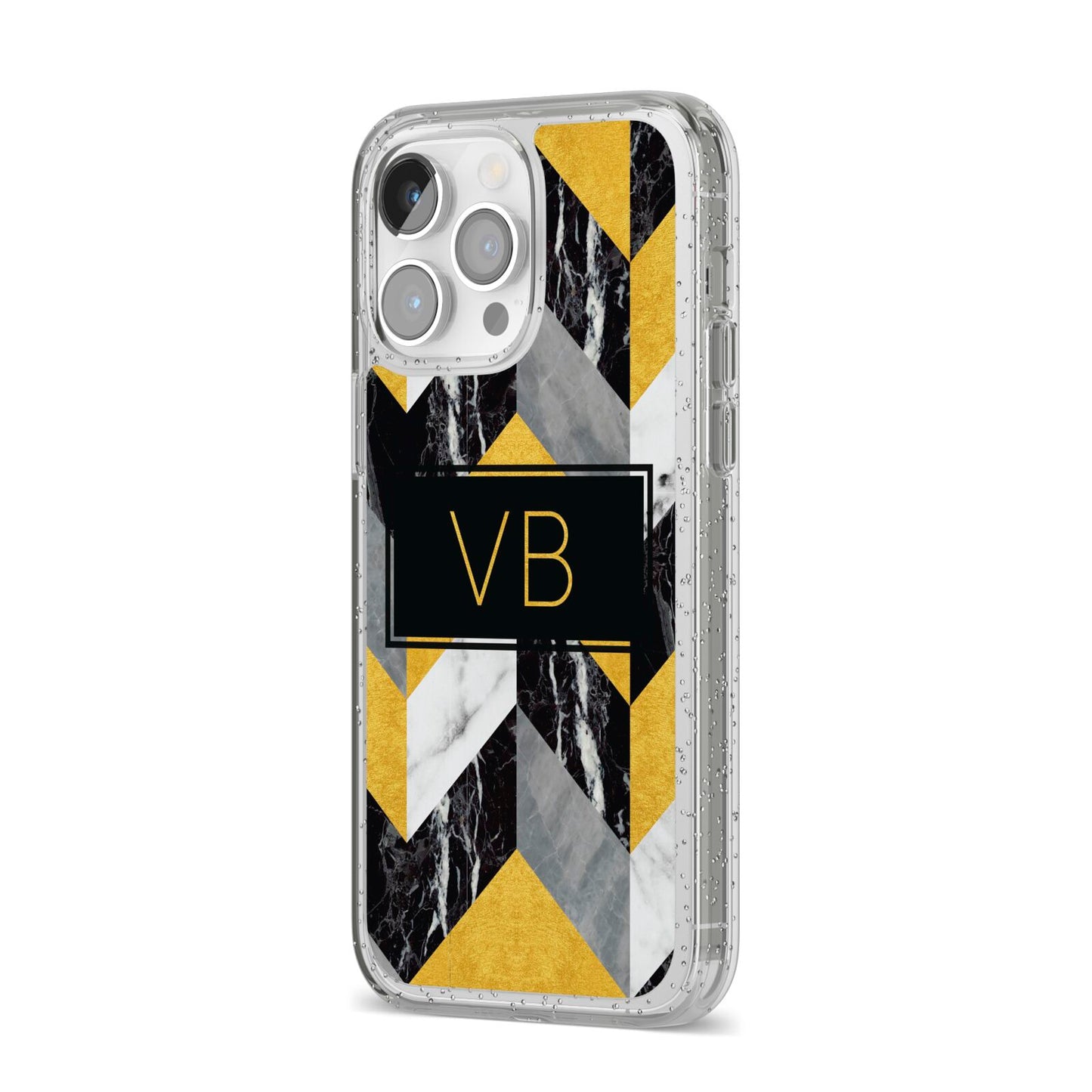 Personalised Marble Effect Initials iPhone 14 Pro Max Glitter Tough Case Silver Angled Image