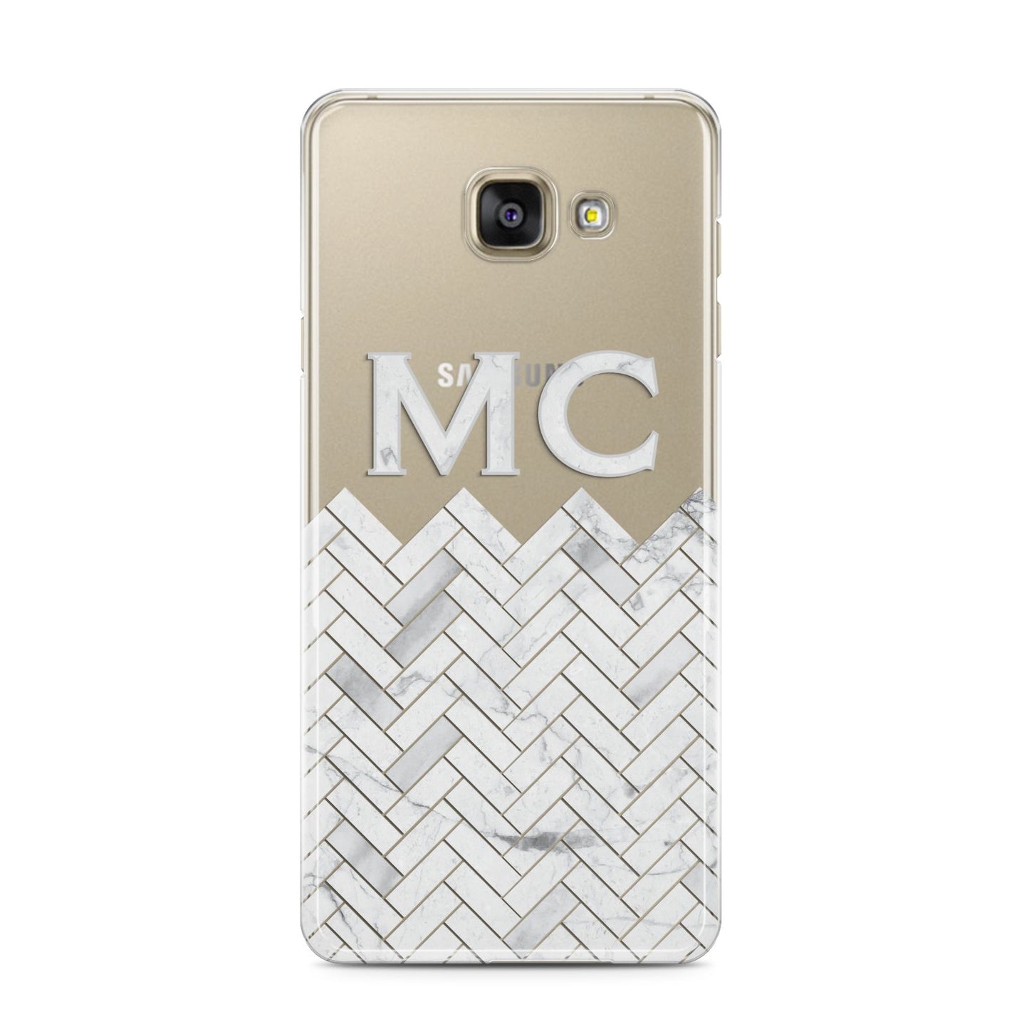 Personalised Marble Herringbone Clear Samsung Galaxy A3 2016 Case on gold phone