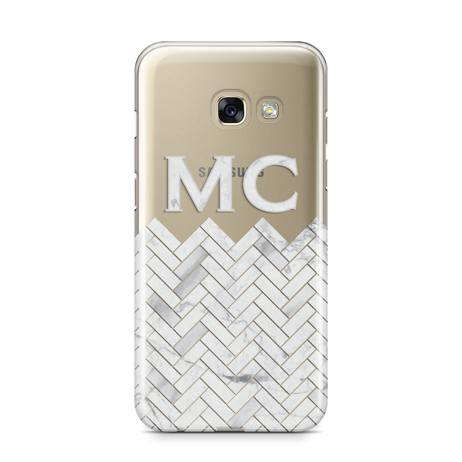 Personalised Marble Herringbone Clear Samsung Galaxy A3 2017 Case on gold phone