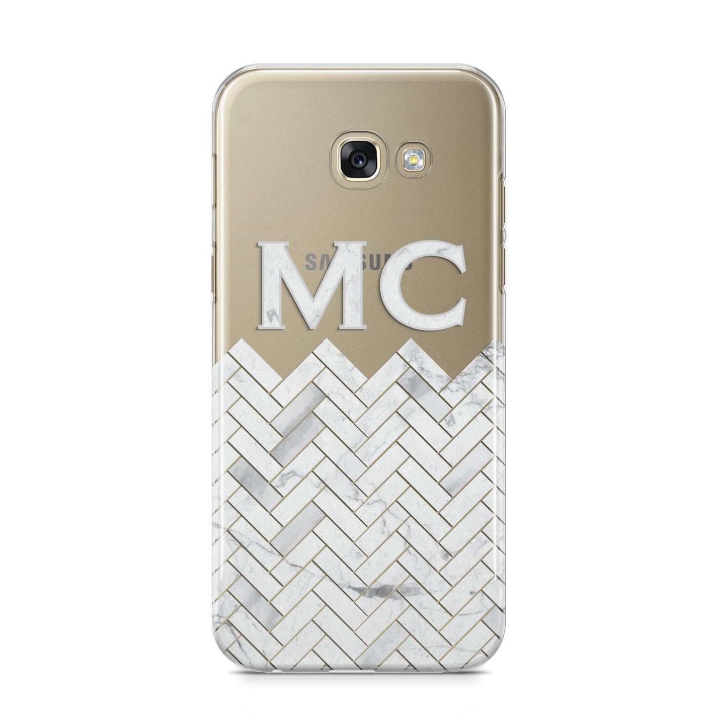 Personalised Marble Herringbone Clear Samsung Galaxy A5 2017 Case on gold phone