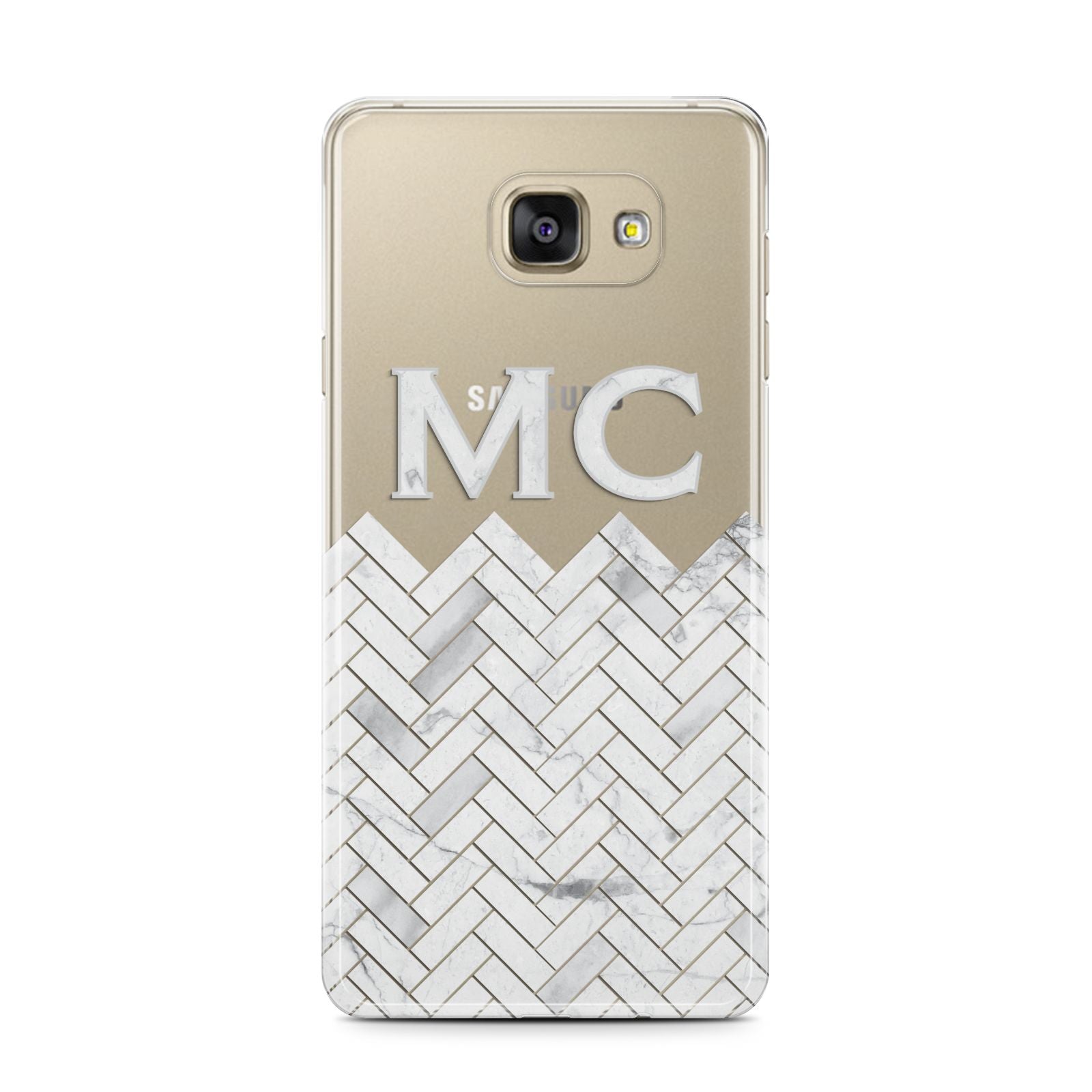 Personalised Marble Herringbone Clear Samsung Galaxy A7 2016 Case on gold phone