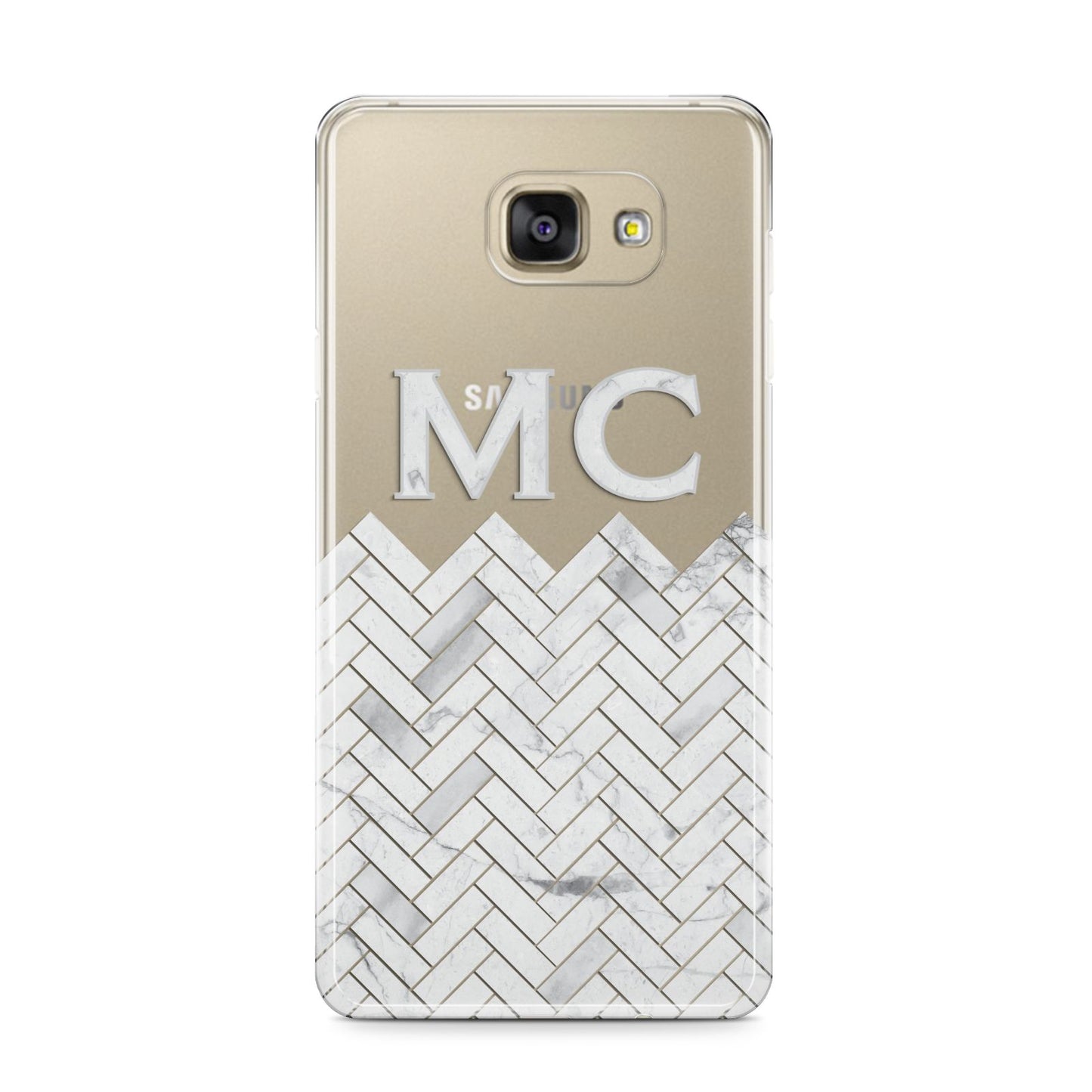 Personalised Marble Herringbone Clear Samsung Galaxy A9 2016 Case on gold phone