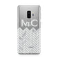 Personalised Marble Herringbone Clear Samsung Galaxy S9 Plus Case on Silver phone