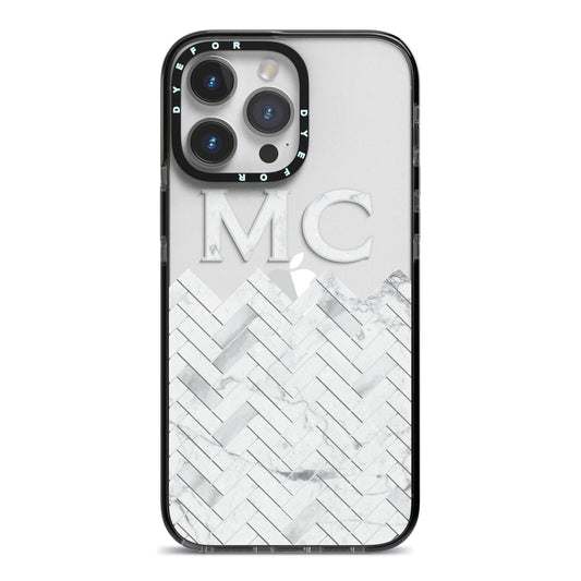 Personalised Marble Herringbone Clear iPhone 14 Pro Max Black Impact Case on Silver phone