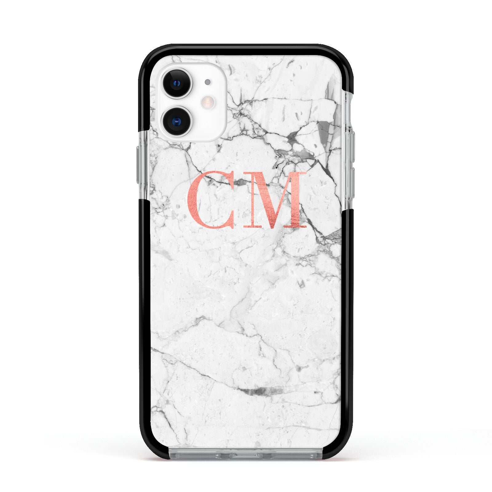 Personalised Marble Initial Rose Gold Apple iPhone 11 in White with Black Impact Case