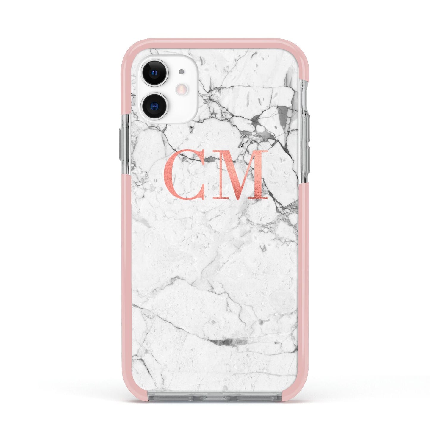 Personalised Marble Initial Rose Gold Apple iPhone 11 in White with Pink Impact Case