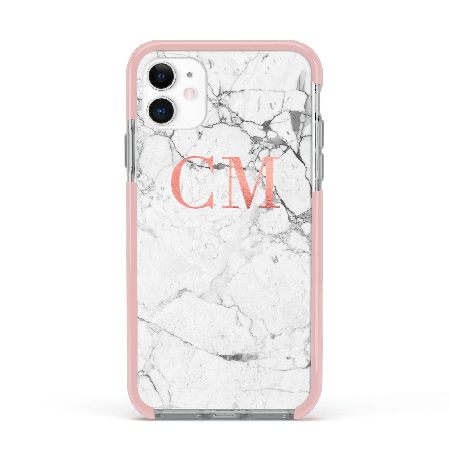 Personalised Marble Initial Rose Gold Apple iPhone 11 in White with Pink Impact Case
