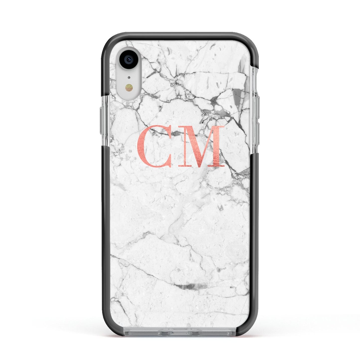 Personalised Marble Initial Rose Gold Apple iPhone XR Impact Case Black Edge on Silver Phone