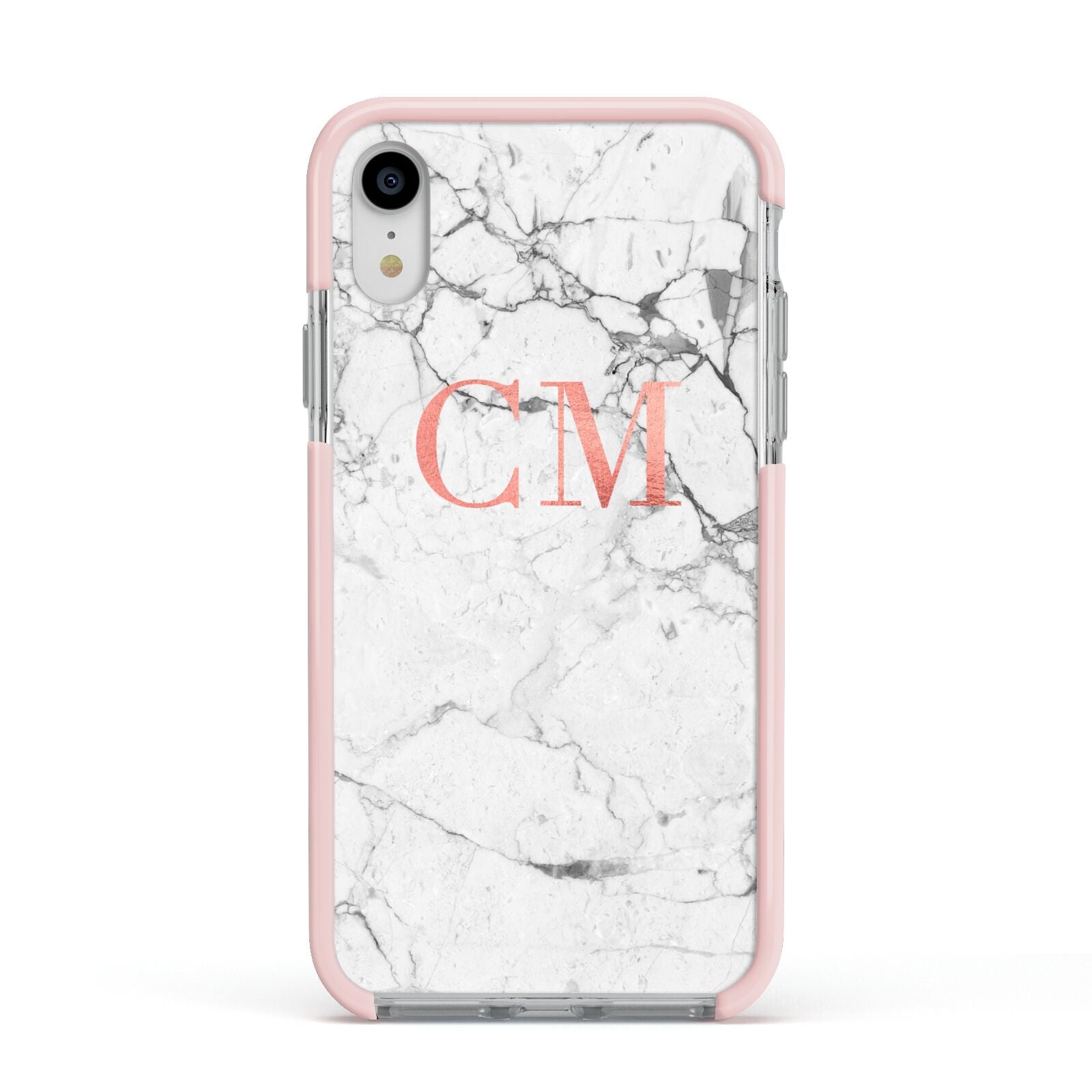 Personalised Marble Initial Rose Gold Apple iPhone XR Impact Case Pink Edge on Silver Phone