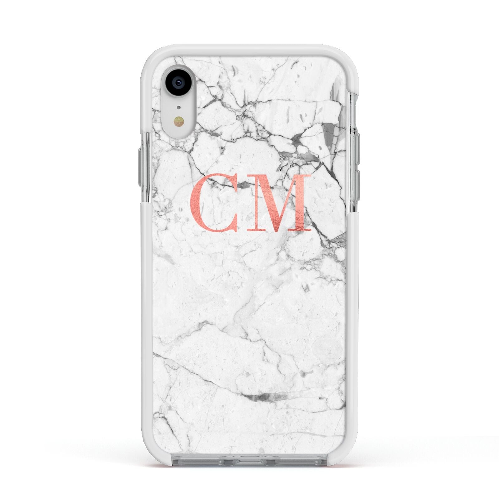 Personalised Marble Initial Rose Gold Apple iPhone XR Impact Case White Edge on Silver Phone