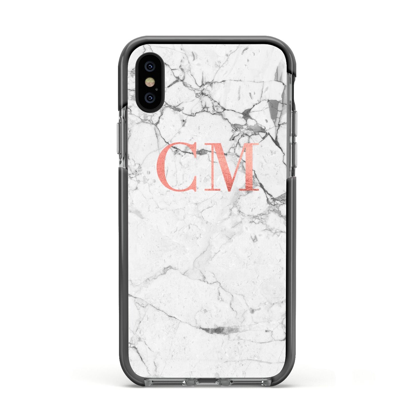 Personalised Marble Initial Rose Gold Apple iPhone Xs Impact Case Black Edge on Black Phone