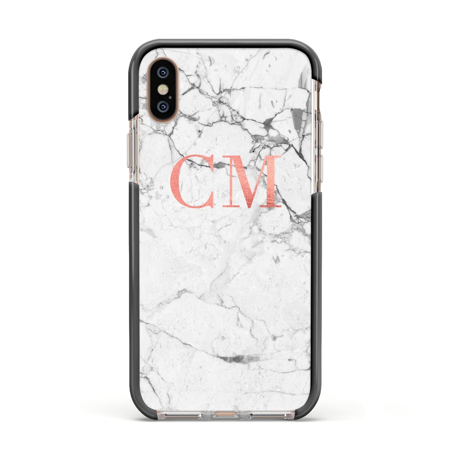 Personalised Marble Initial Rose Gold Apple iPhone Xs Impact Case Black Edge on Gold Phone