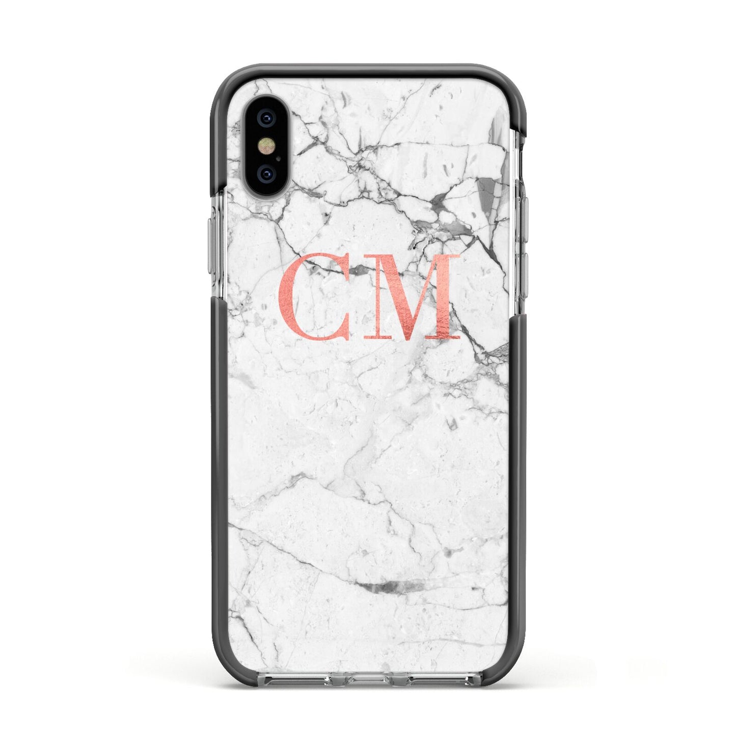 Personalised Marble Initial Rose Gold Apple iPhone Xs Impact Case Black Edge on Silver Phone