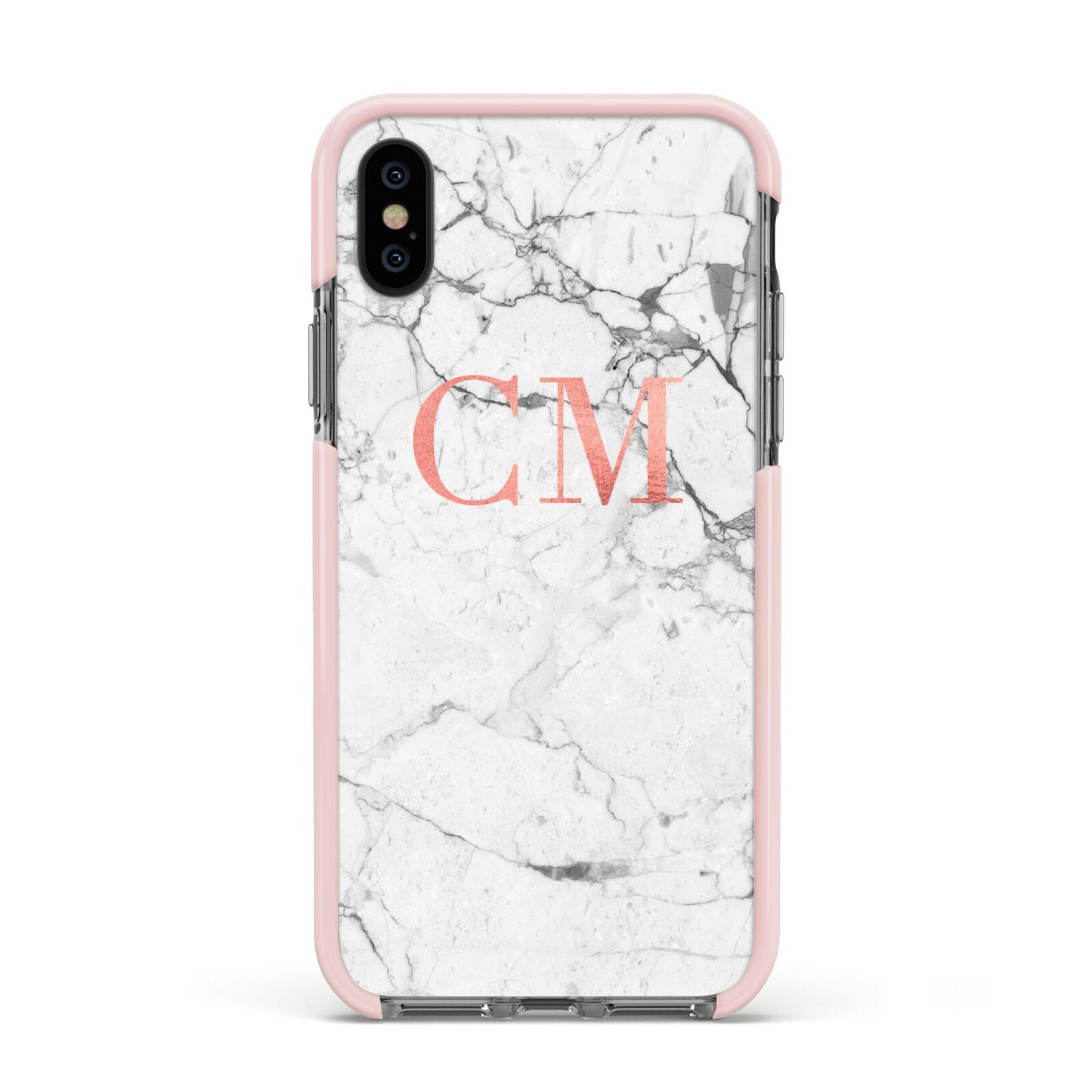 Personalised Marble Initial Rose Gold Apple iPhone Xs Impact Case Pink Edge on Black Phone