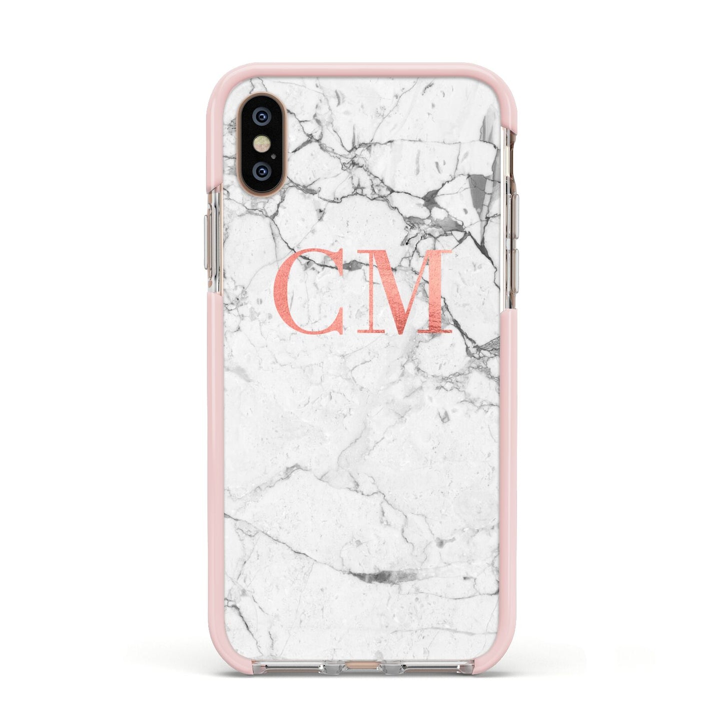 Personalised Marble Initial Rose Gold Apple iPhone Xs Impact Case Pink Edge on Gold Phone