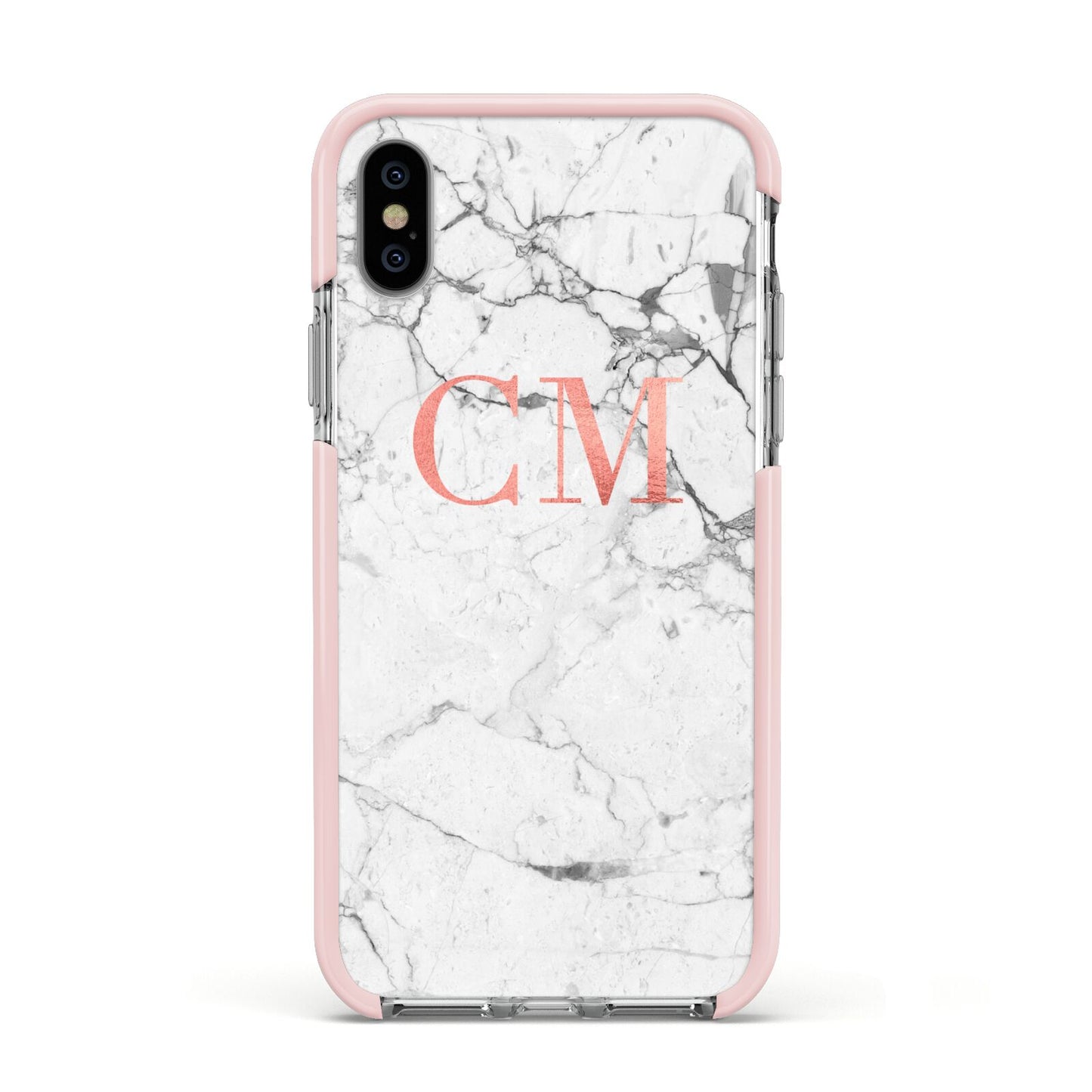 Personalised Marble Initial Rose Gold Apple iPhone Xs Impact Case Pink Edge on Silver Phone