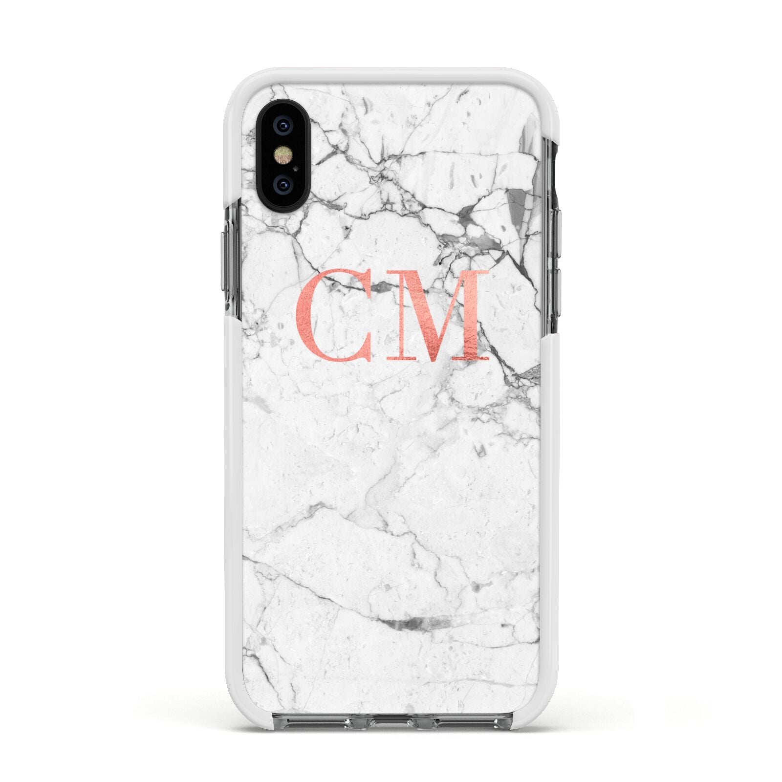 Personalised Marble Initial Rose Gold Apple iPhone Xs Impact Case White Edge on Black Phone