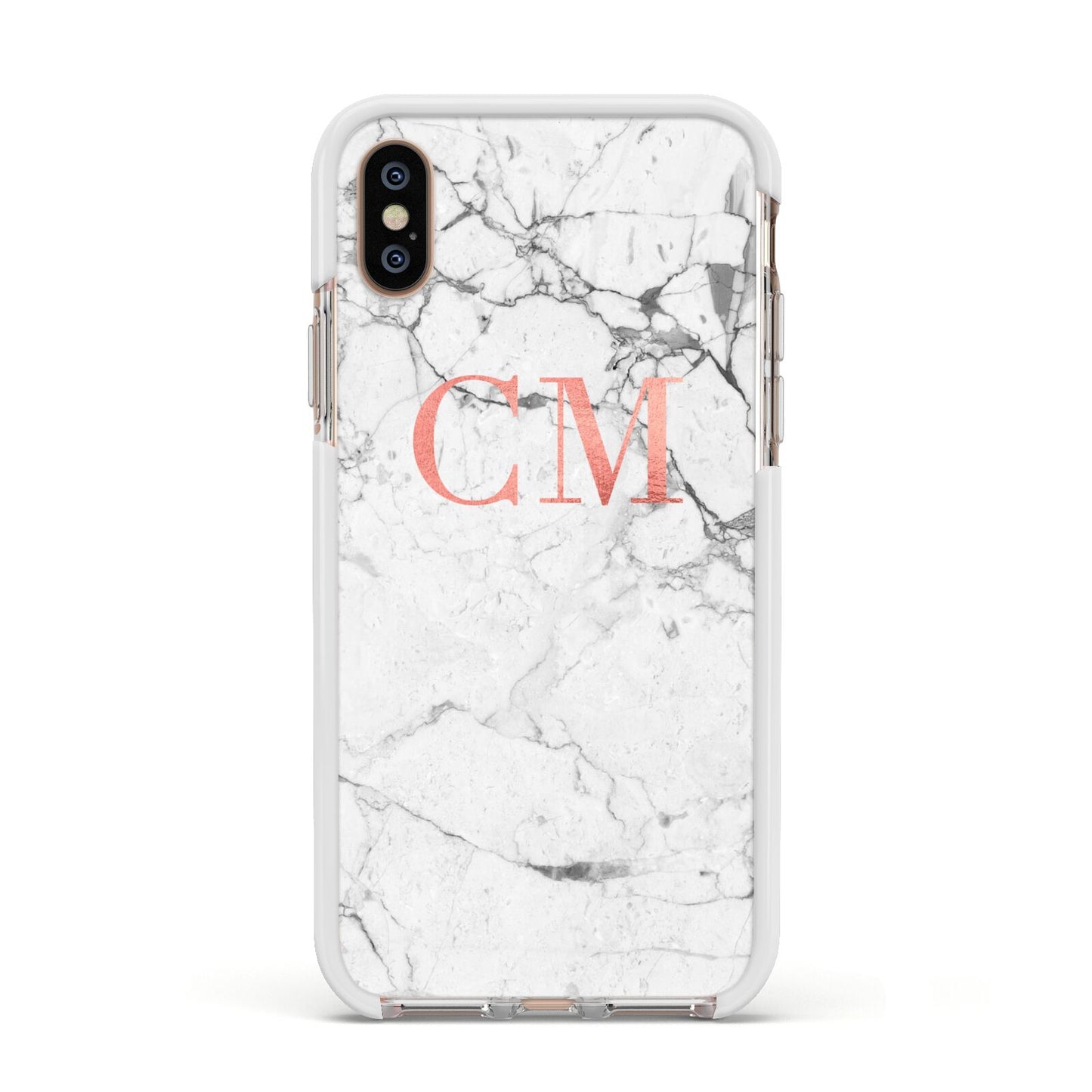 Personalised Marble Initial Rose Gold Apple iPhone Xs Impact Case White Edge on Gold Phone