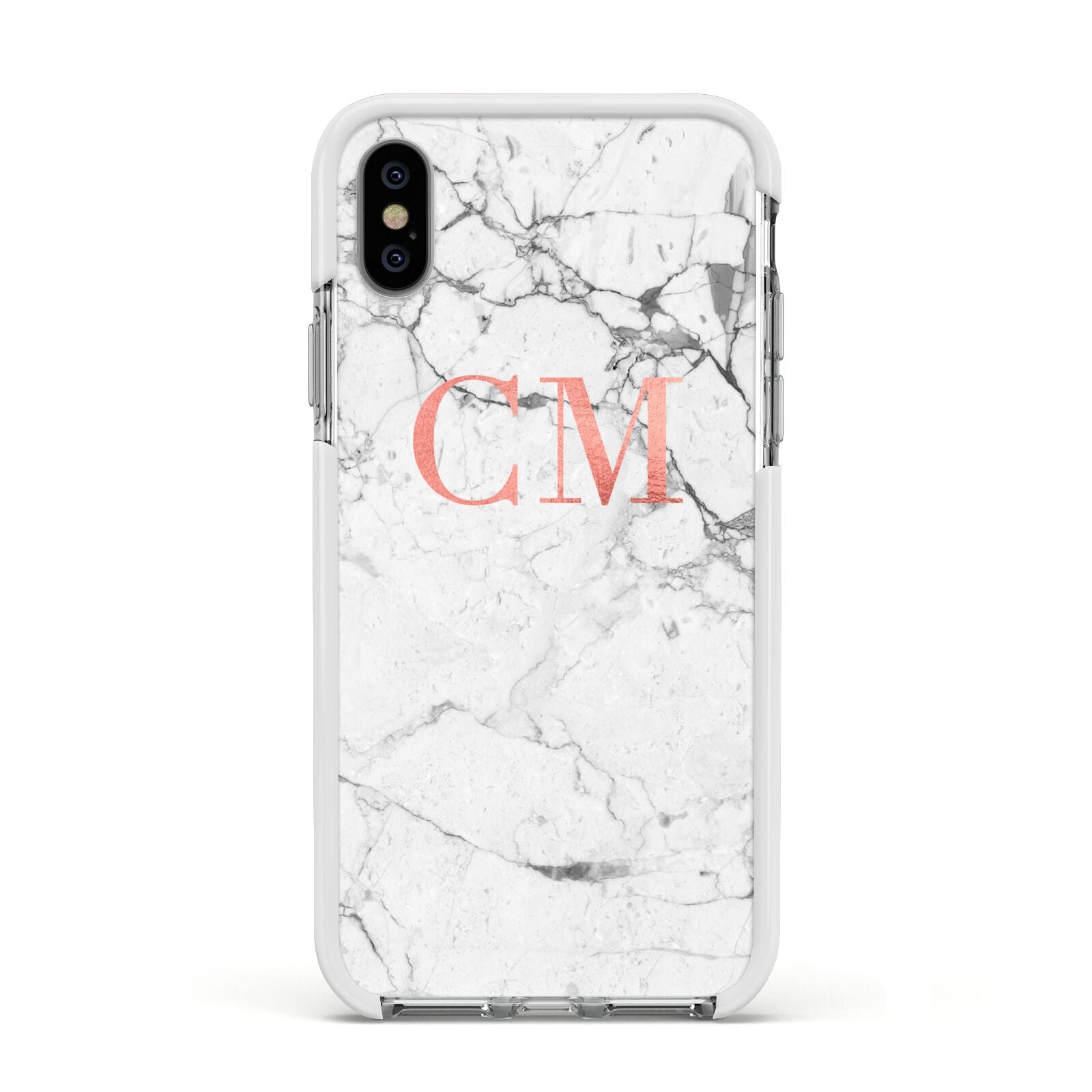 Personalised Marble Initial Rose Gold Apple iPhone Xs Impact Case White Edge on Silver Phone