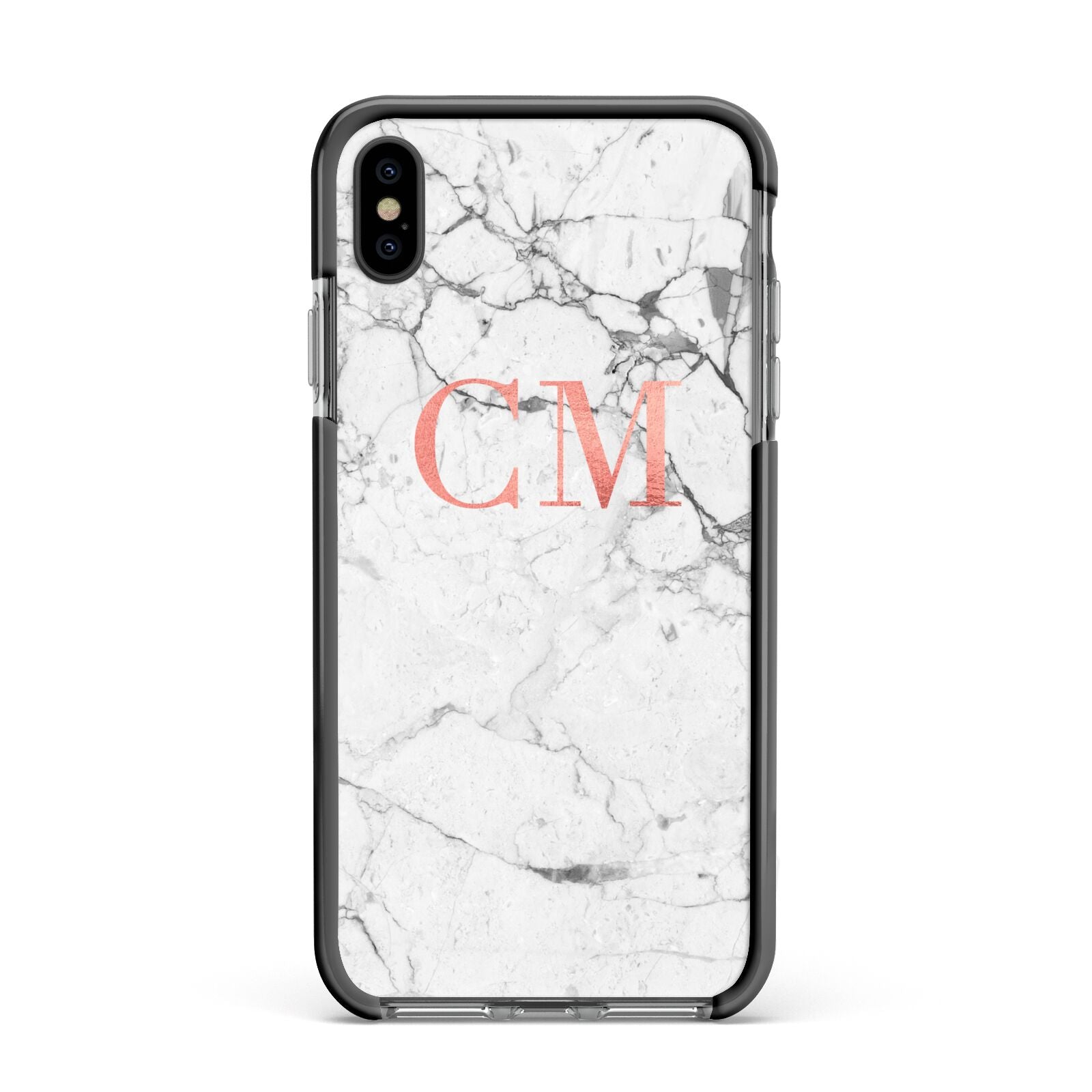 Personalised Marble Initial Rose Gold Apple iPhone Xs Max Impact Case Black Edge on Black Phone