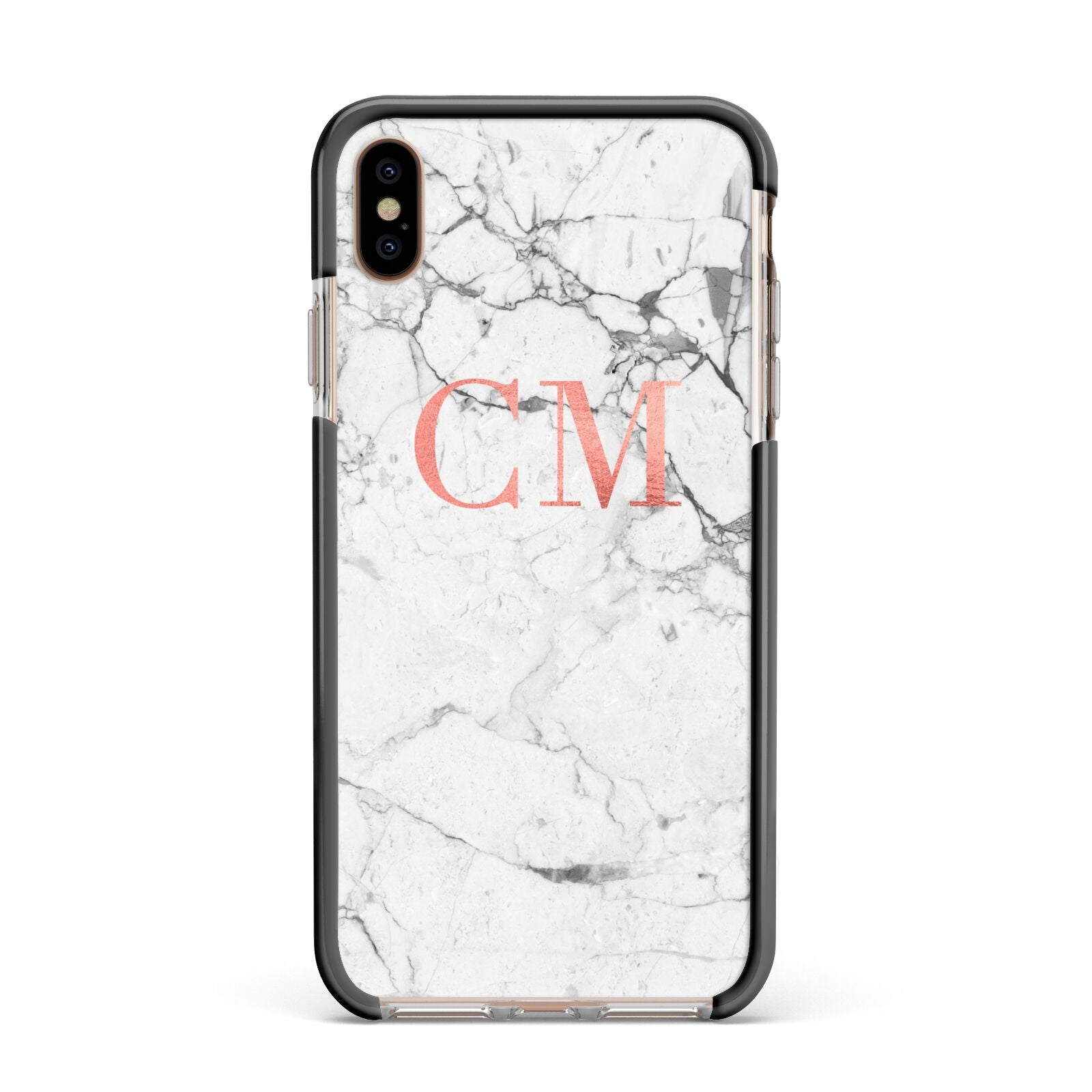 Personalised Marble Initial Rose Gold Apple iPhone Xs Max Impact Case Black Edge on Gold Phone