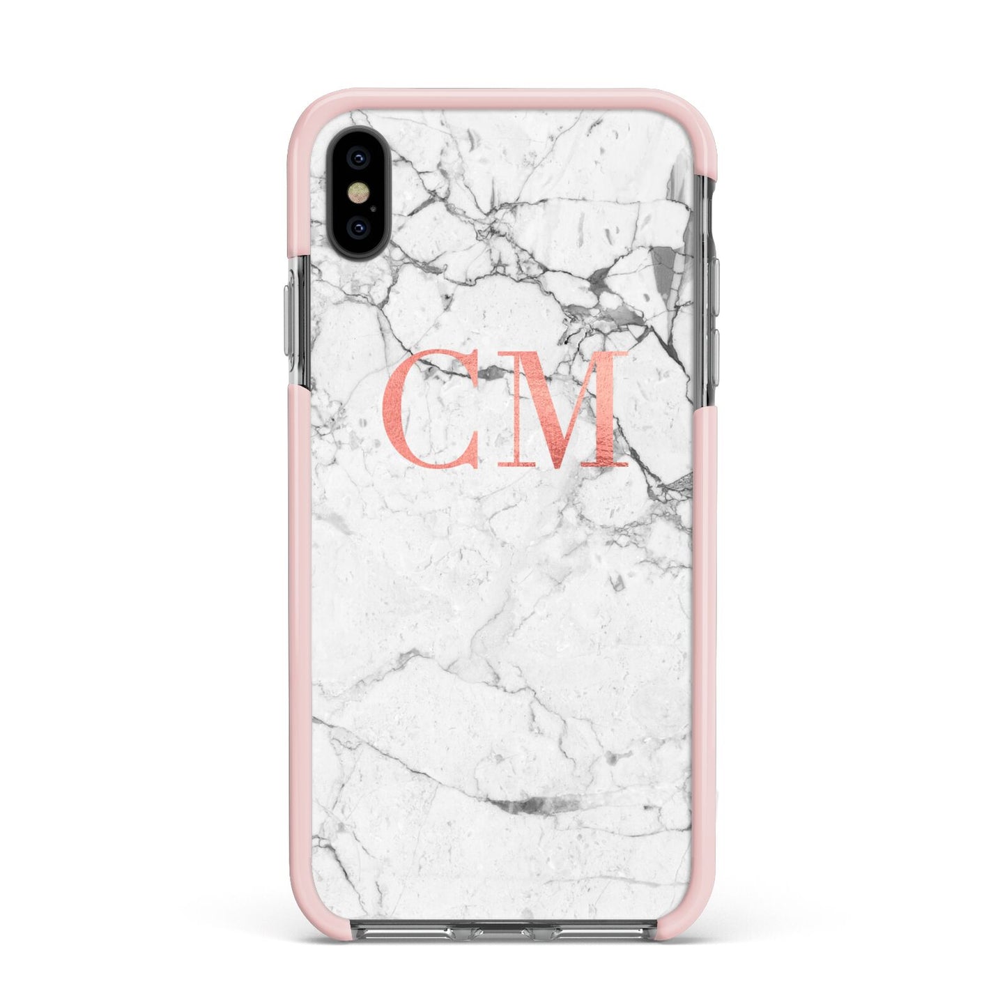 Personalised Marble Initial Rose Gold Apple iPhone Xs Max Impact Case Pink Edge on Black Phone