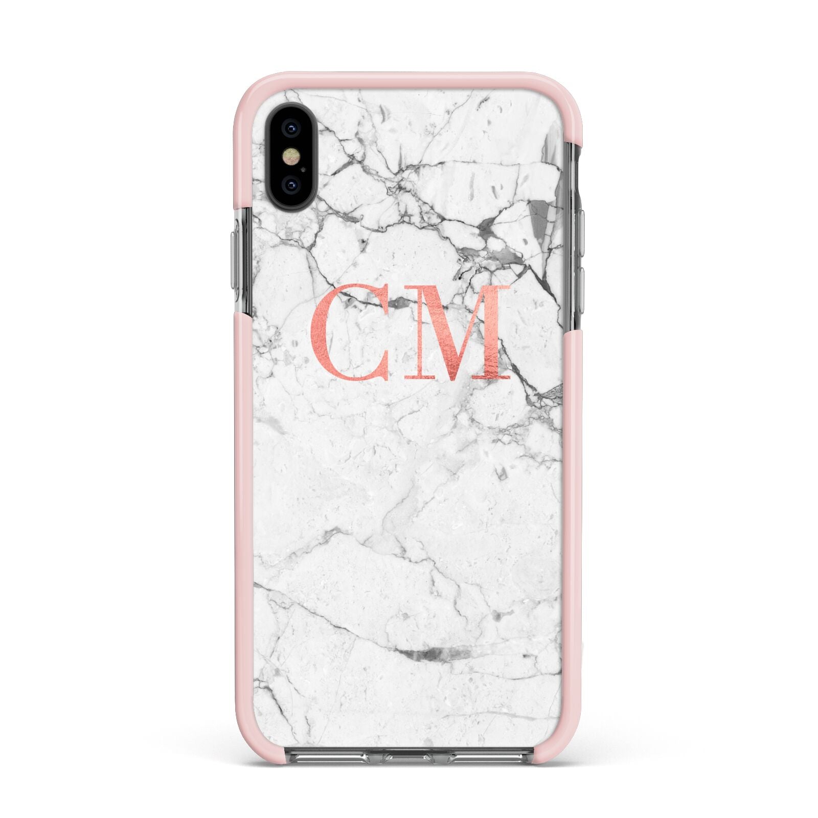 Personalised Marble Initial Rose Gold Apple iPhone Xs Max Impact Case Pink Edge on Black Phone