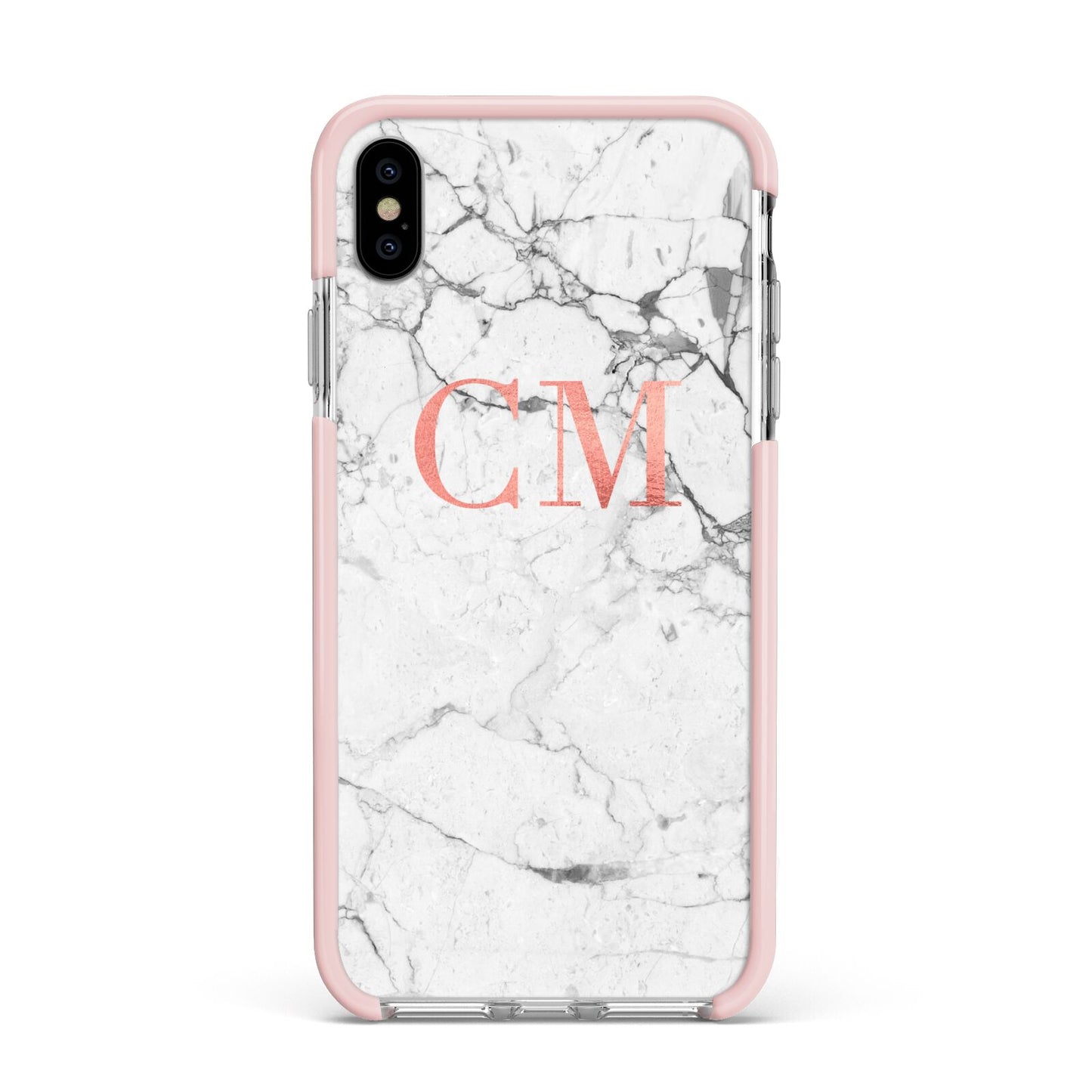Personalised Marble Initial Rose Gold Apple iPhone Xs Max Impact Case Pink Edge on Silver Phone