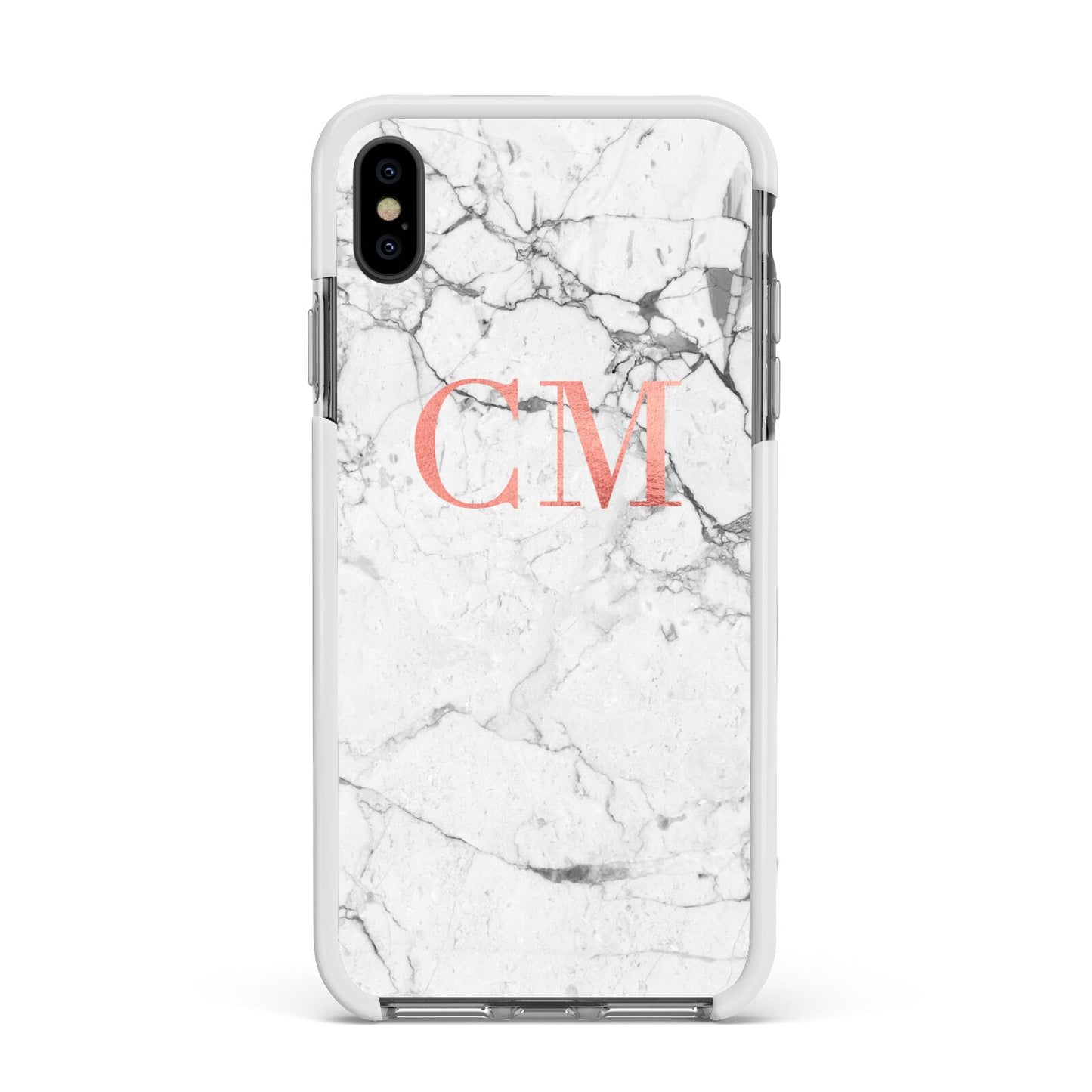 Personalised Marble Initial Rose Gold Apple iPhone Xs Max Impact Case White Edge on Black Phone