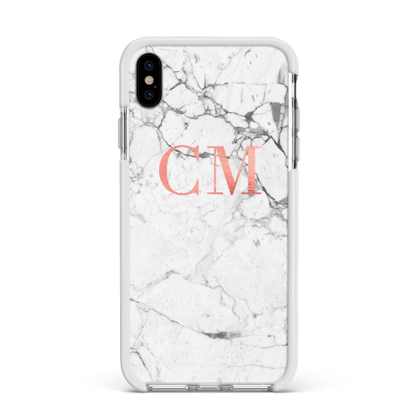 Personalised Marble Initial Rose Gold Apple iPhone Xs Max Impact Case White Edge on Silver Phone