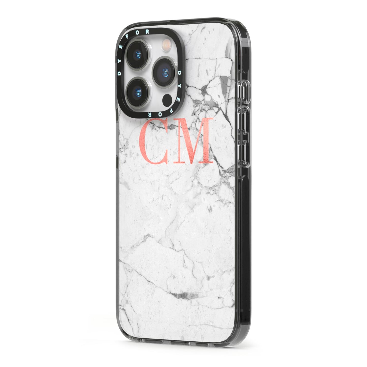 Personalised Marble Initial Rose Gold iPhone 13 Pro Black Impact Case Side Angle on Silver phone