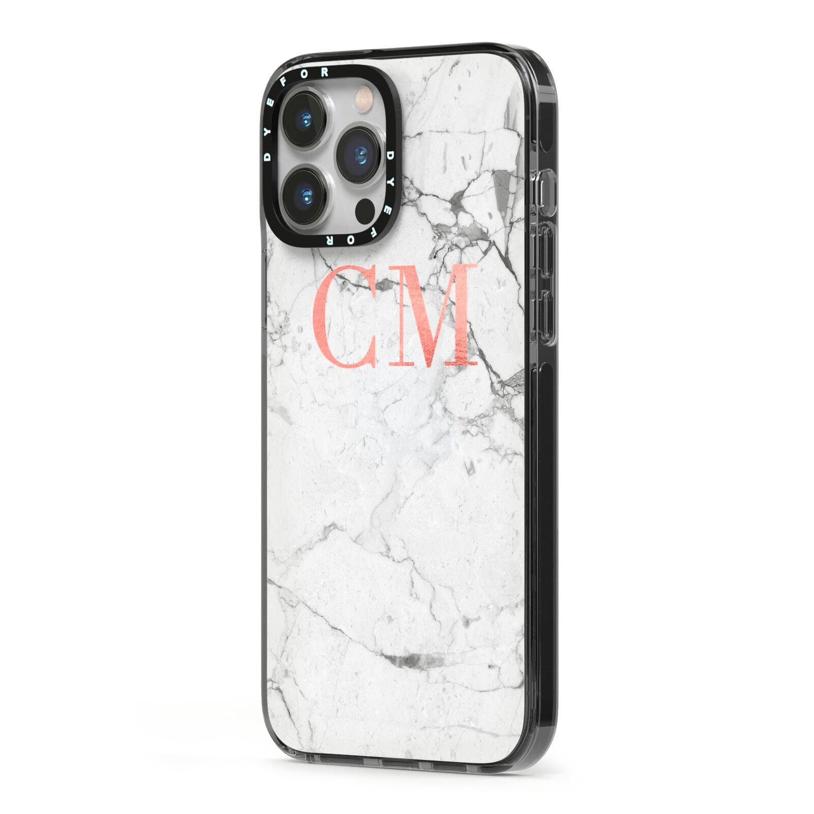 Personalised Marble Initial Rose Gold iPhone 13 Pro Max Black Impact Case Side Angle on Silver phone