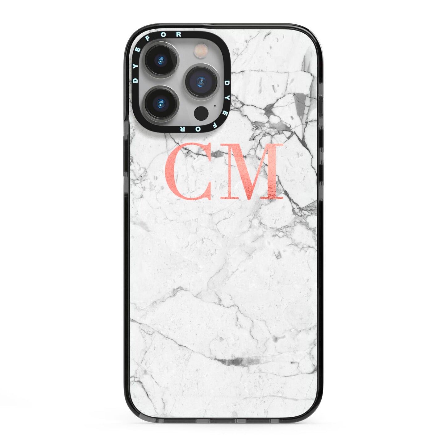 Personalised Marble Initial Rose Gold iPhone 13 Pro Max Black Impact Case on Silver phone