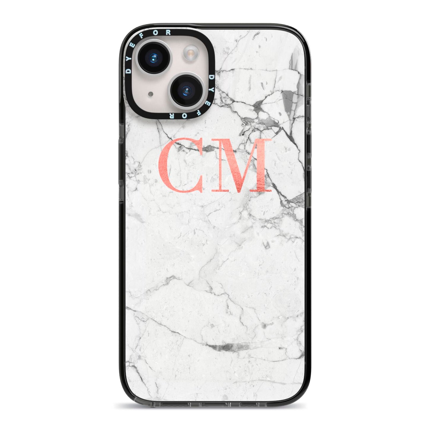 Personalised Marble Initial Rose Gold iPhone 14 Black Impact Case on Silver phone