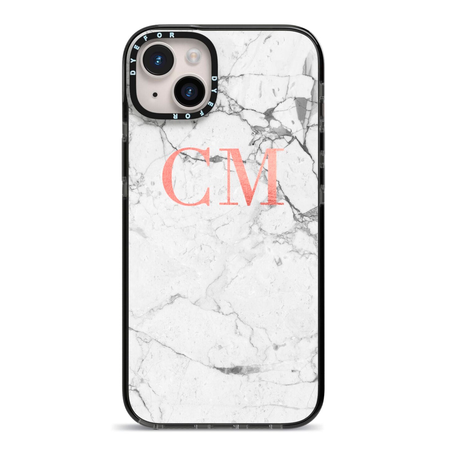 Personalised Marble Initial Rose Gold iPhone 14 Plus Black Impact Case on Silver phone