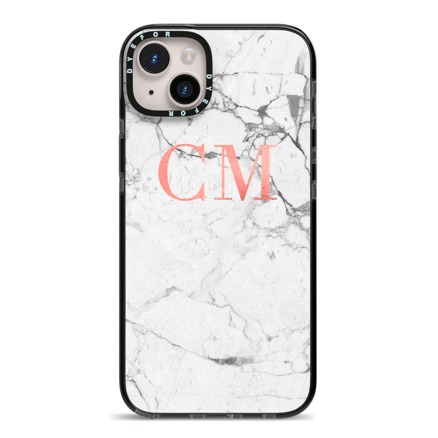 Personalised Marble Initial Rose Gold iPhone 14 Plus Black Impact Case on Silver phone