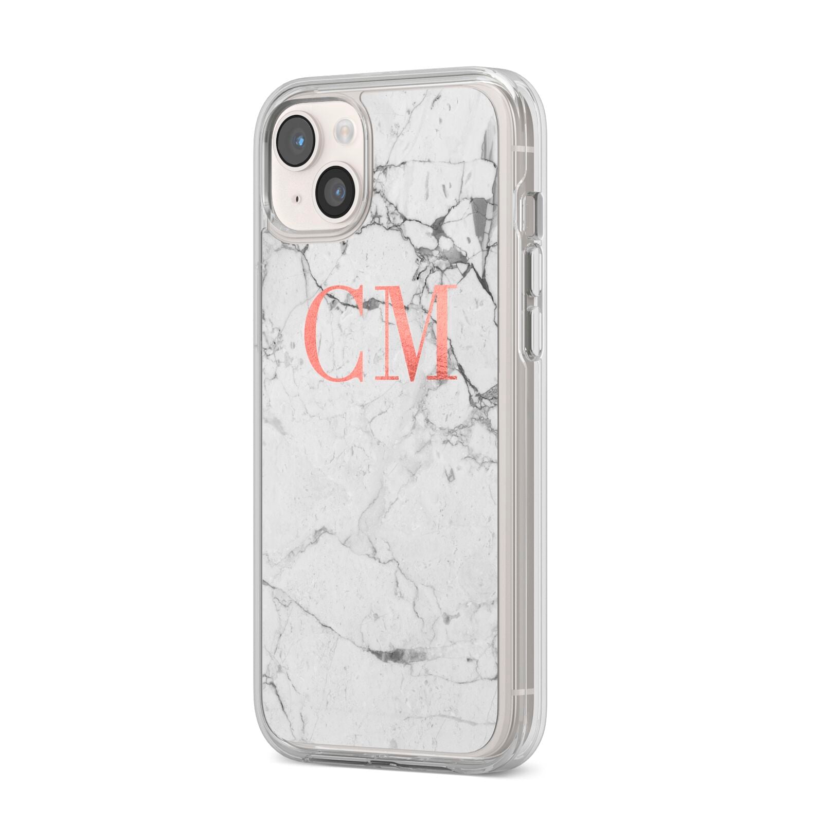 Personalised Marble Initial Rose Gold iPhone 14 Plus Clear Tough Case Starlight Angled Image