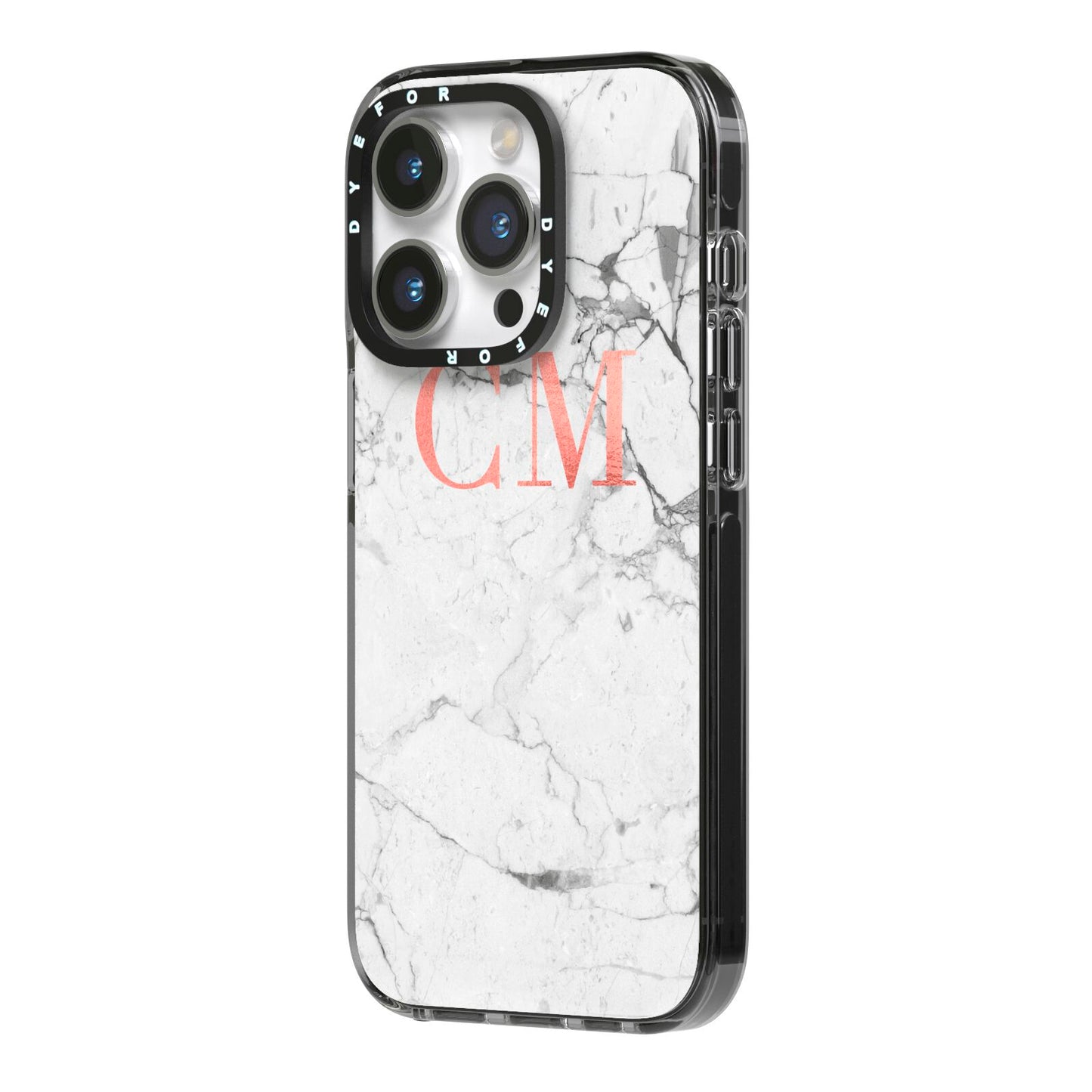 Personalised Marble Initial Rose Gold iPhone 14 Pro Black Impact Case Side Angle on Silver phone