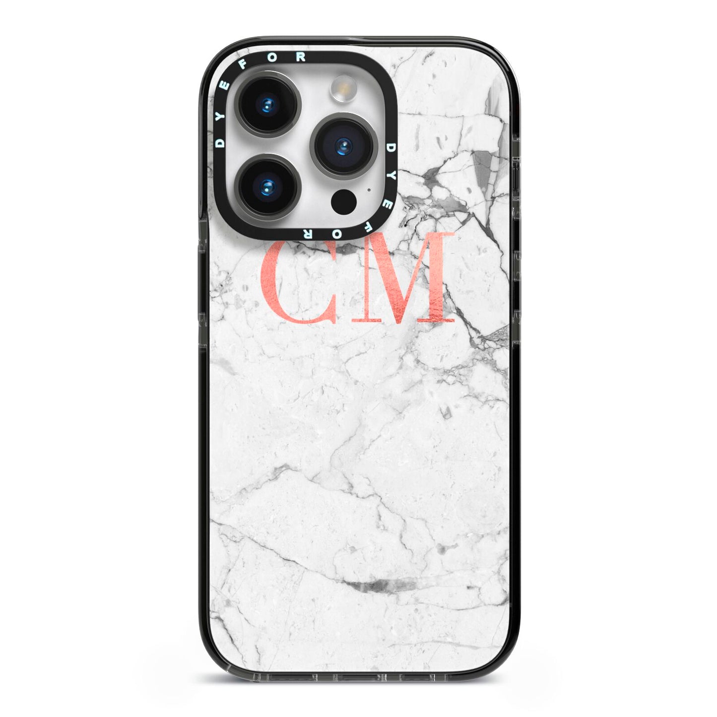 Personalised Marble Initial Rose Gold iPhone 14 Pro Black Impact Case on Silver phone