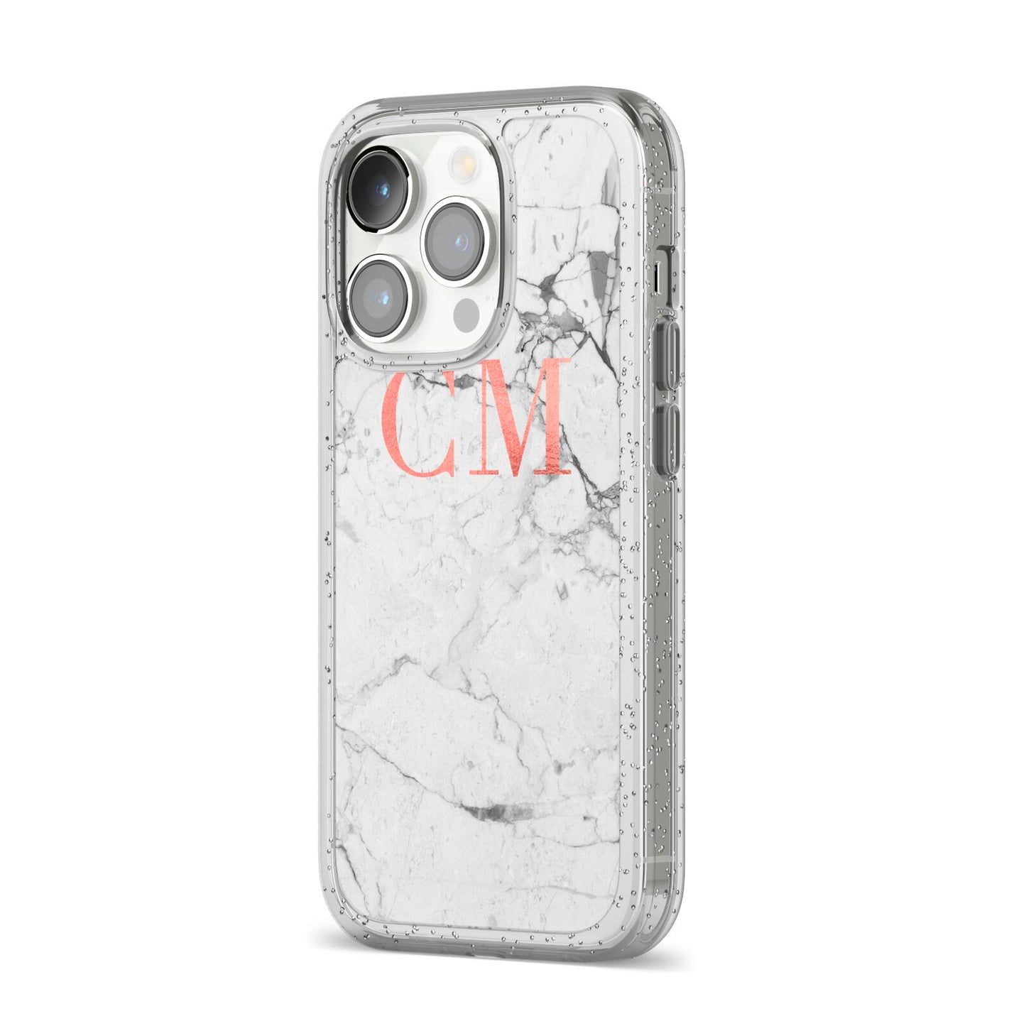Personalised Marble Initial Rose Gold iPhone 14 Pro Glitter Tough Case Silver Angled Image