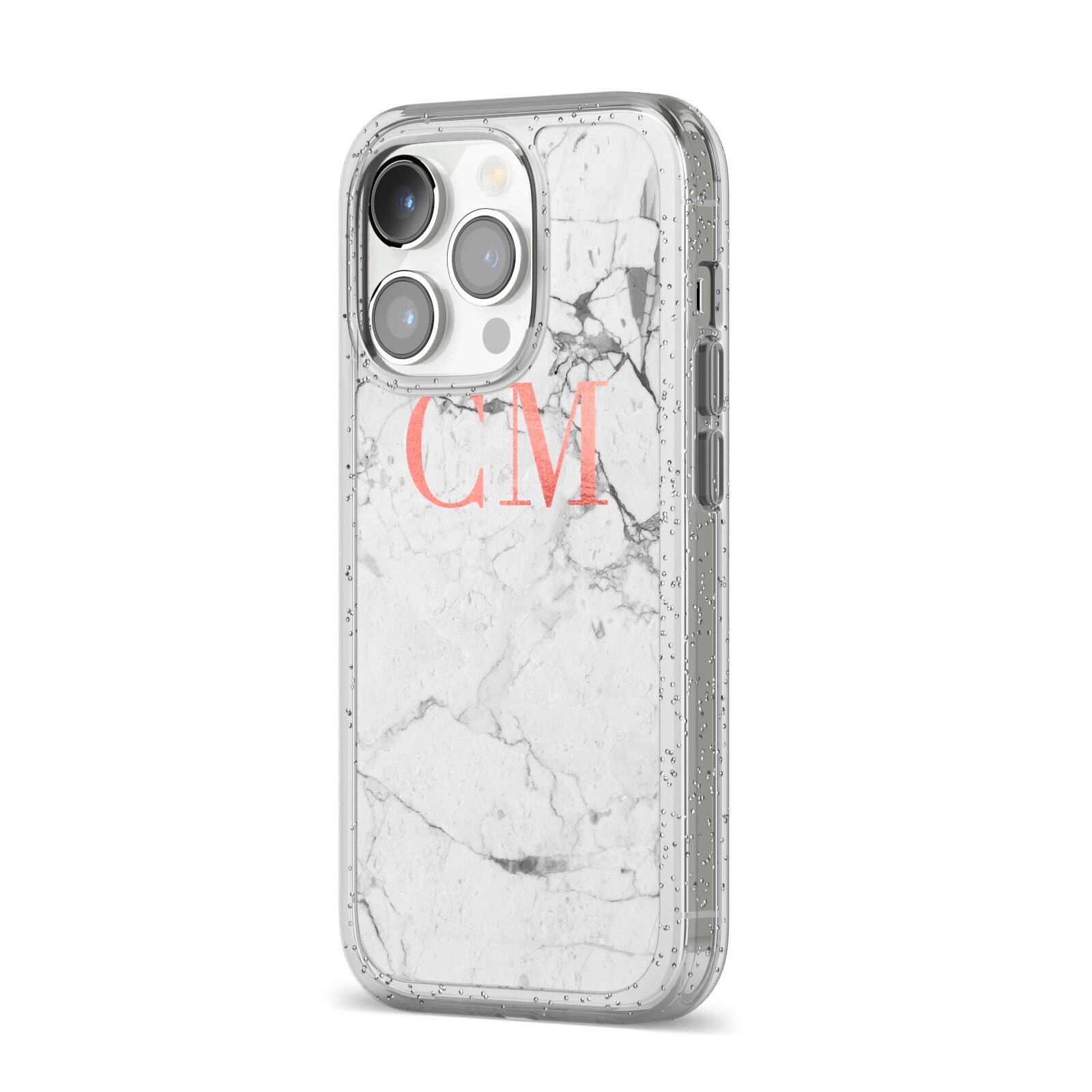 Personalised Marble Initial Rose Gold iPhone 14 Pro Glitter Tough Case Silver Angled Image