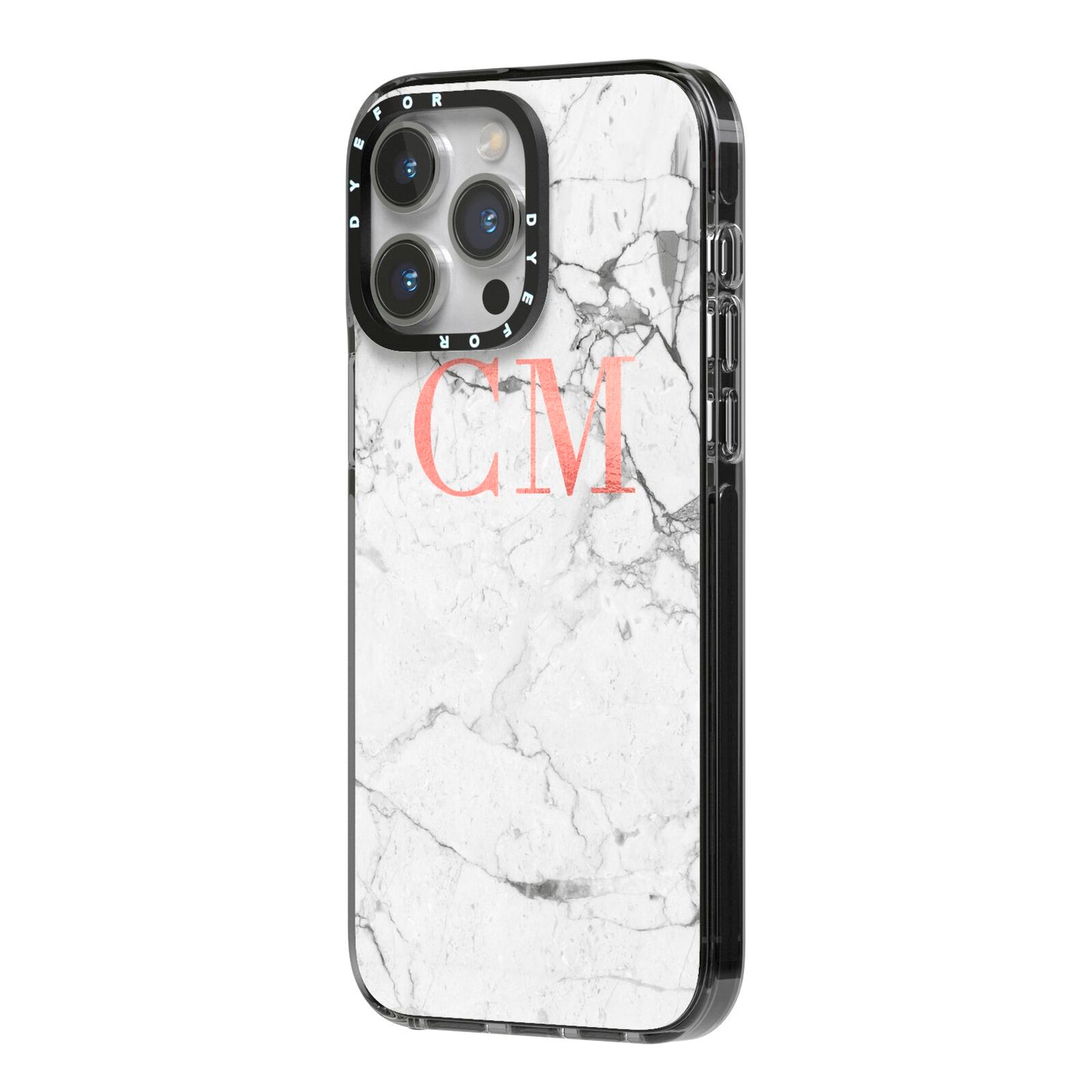 Personalised Marble Initial Rose Gold iPhone 14 Pro Max Black Impact Case Side Angle on Silver phone