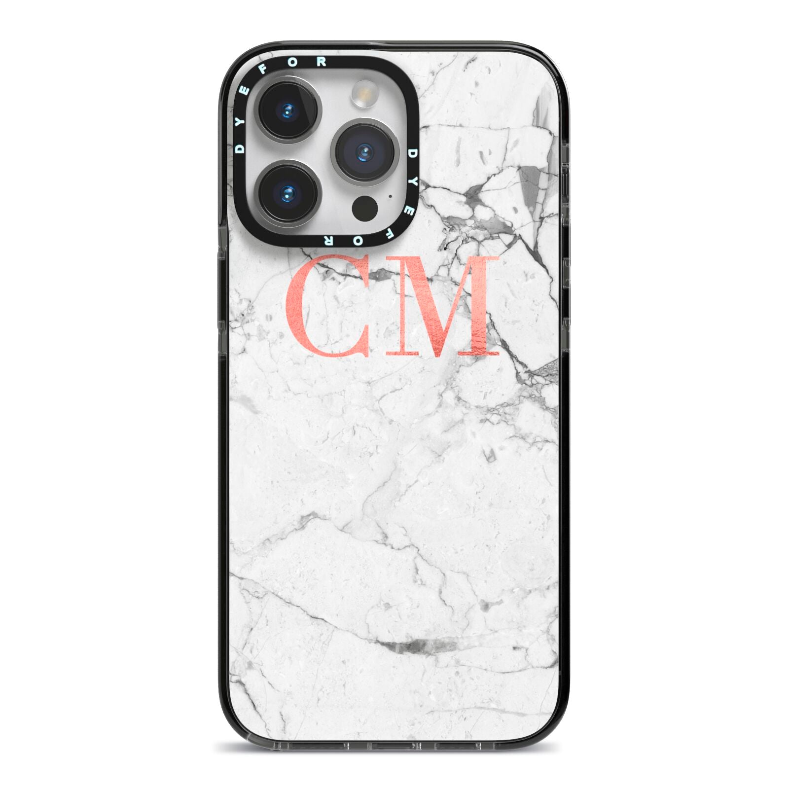 Personalised Marble Initial Rose Gold iPhone 14 Pro Max Black Impact Case on Silver phone